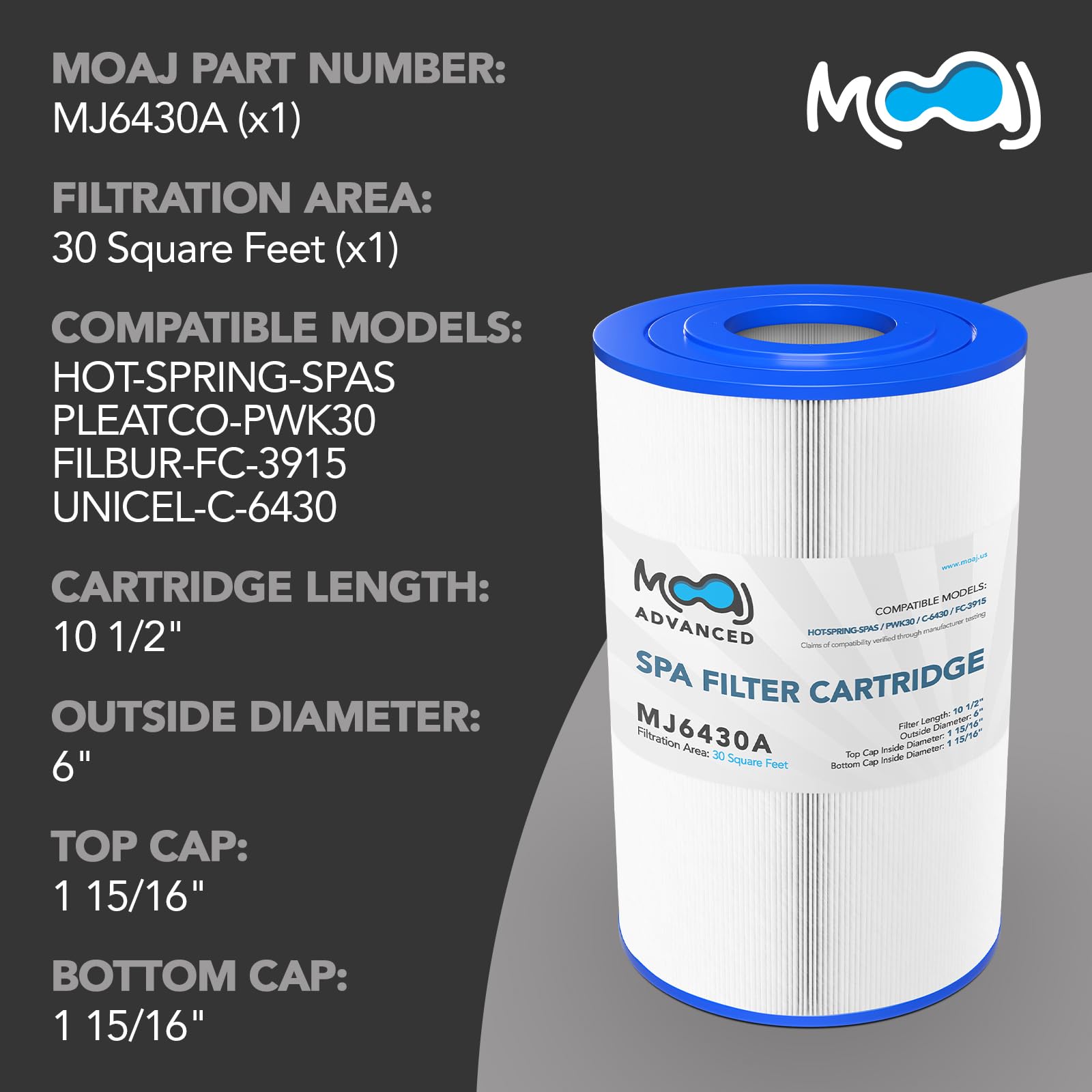 MOAJ Advanced Spa Filter Replaces Watkins 31489, WA30TC-3, PWK30, PWK30-4, Filbur FC-3915, Unicel C-6430, Hot Spring Spas, 0969601 Tri-X | 10 1/2
