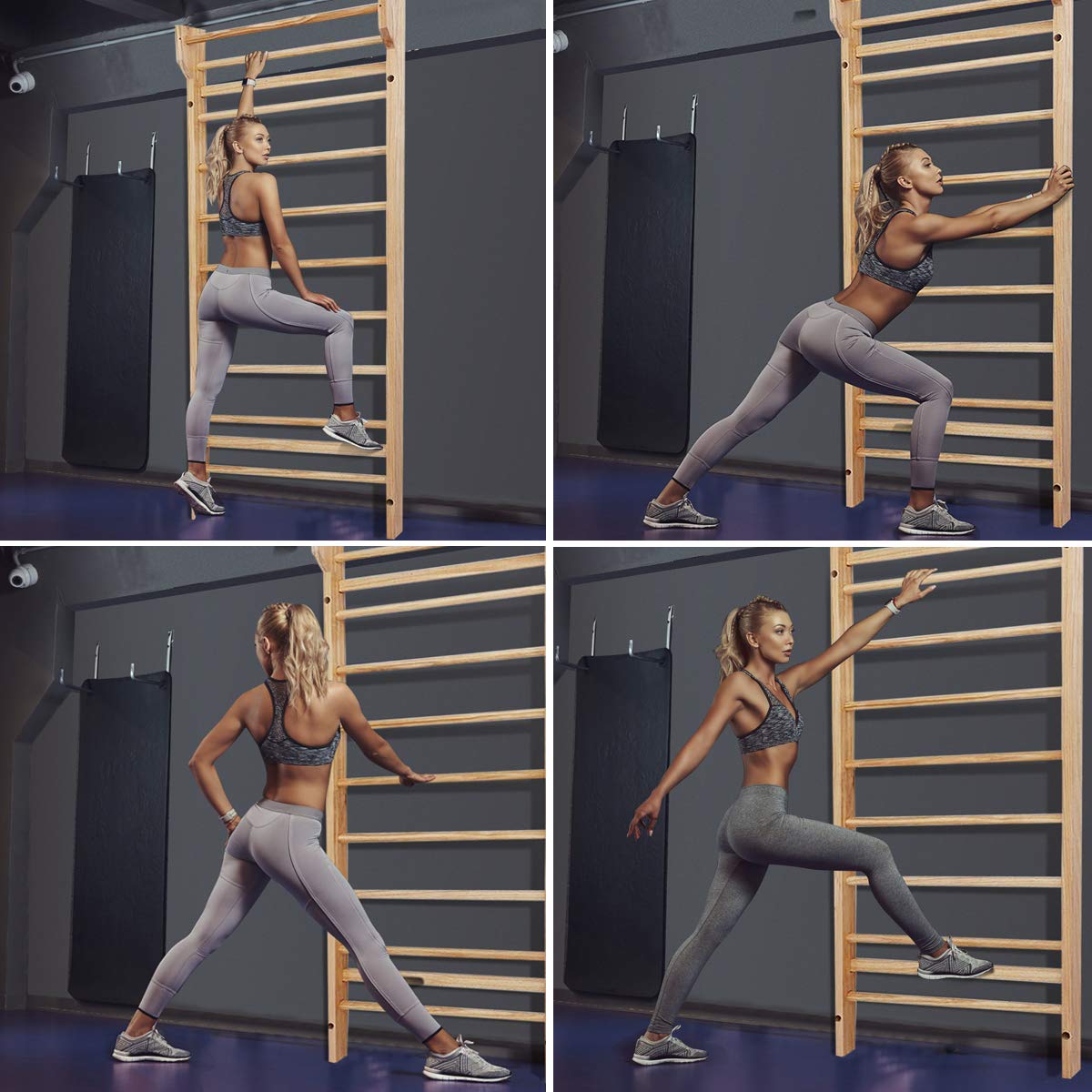COSTWAY Escalera Sueca Barras de Pared 195x81x14cm Madera Espaldera para Gimnasio Fitness Casa Deportiva Carga hasta 150 kg，Incluye 4 Anclajes de la Pared