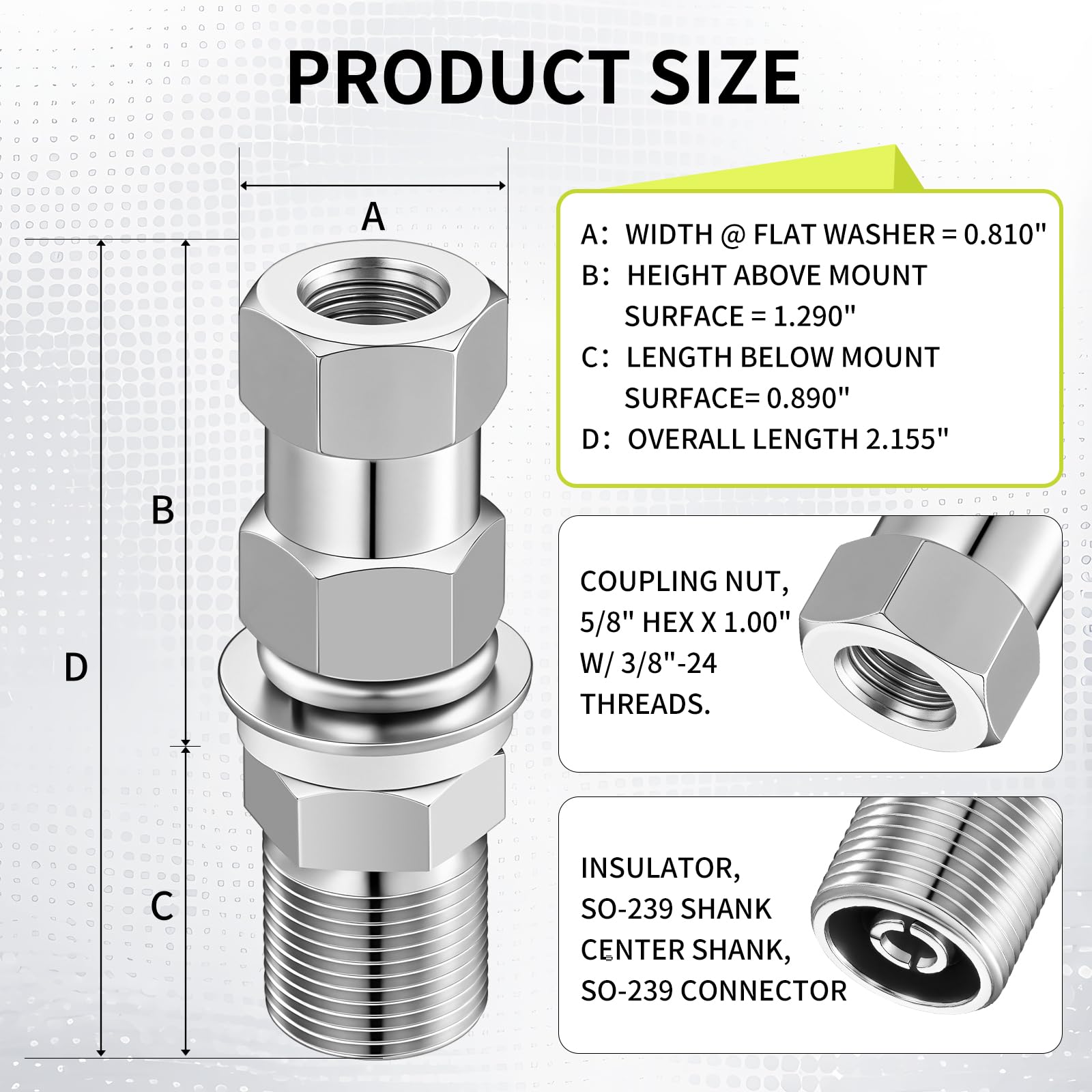Blulu 1 Pack Heavy Duty Cb Antenna So-239 Stud Mount Radio Antenna Standard 3/8 x 24 Threaded Cb Radio Accessories for 1/2