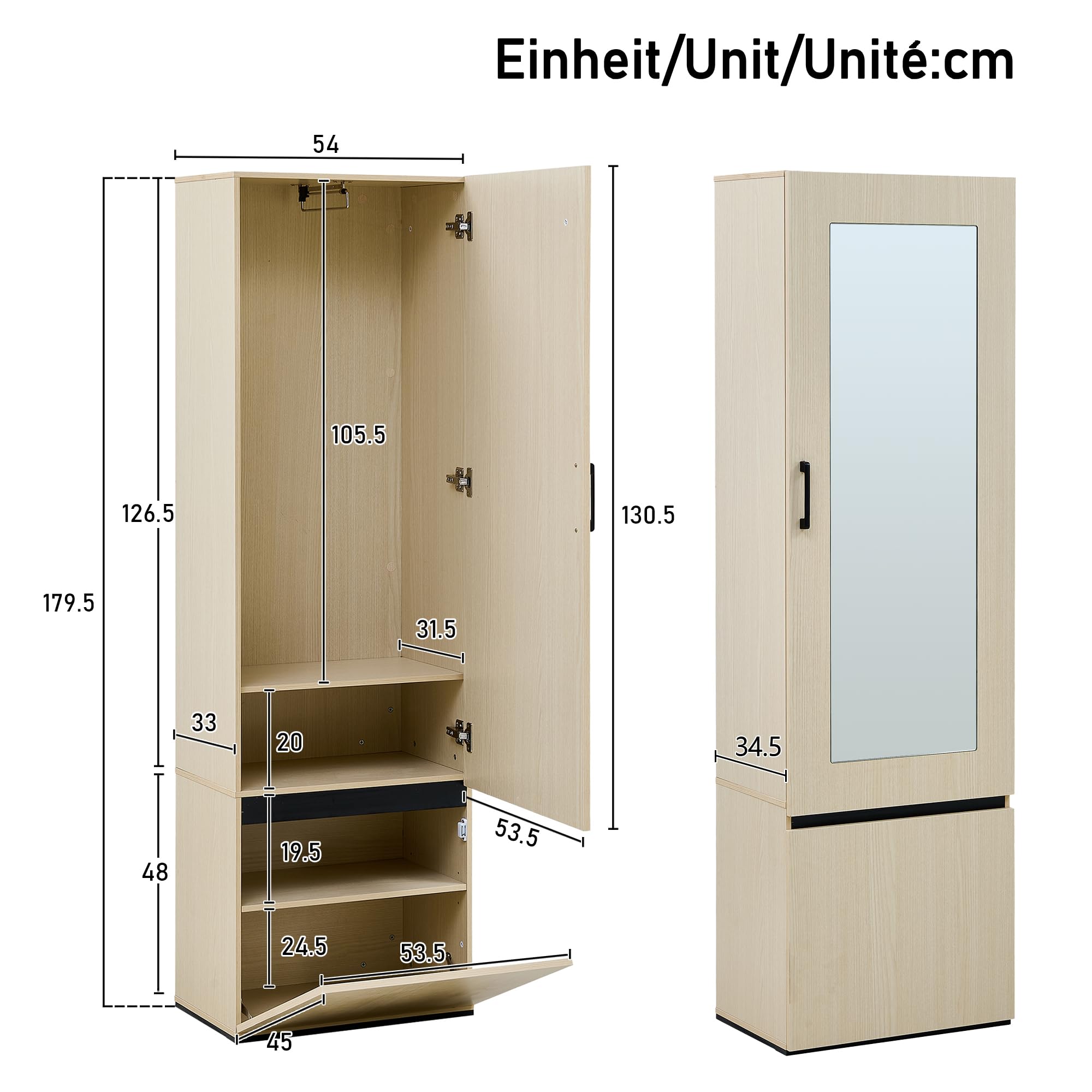 Merax Garderobenschrank mit Spiegel und Sitzbank – Modernes Flurmöbel-Set mit Schuhablage, ausziehbarer Kleiderstange, 4 Haken, Stauraum für Flur, Schlafzimmer & Eingangsbereich