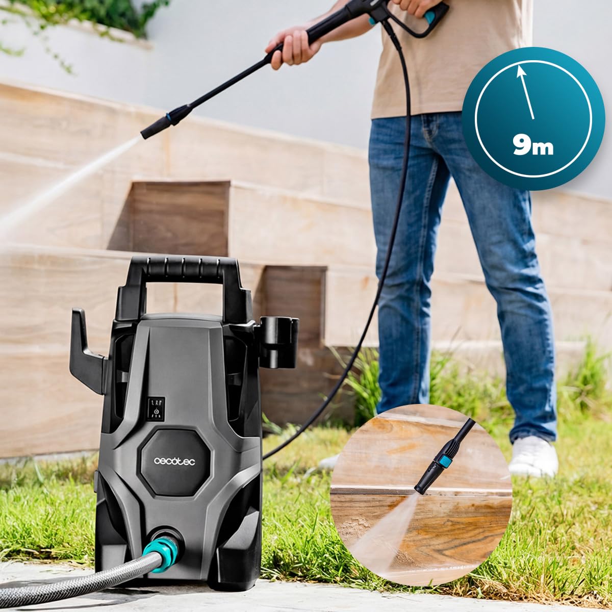 Cecotec Idropulitrice ad Alta Pressione HydroBoost 1400 Essential Plus. 1400 W, Pressione 105 bar, Casa, Giardino o Auto, Portata 426 l/h, Pompa in Alluminio, Raggio d’Azione 9m