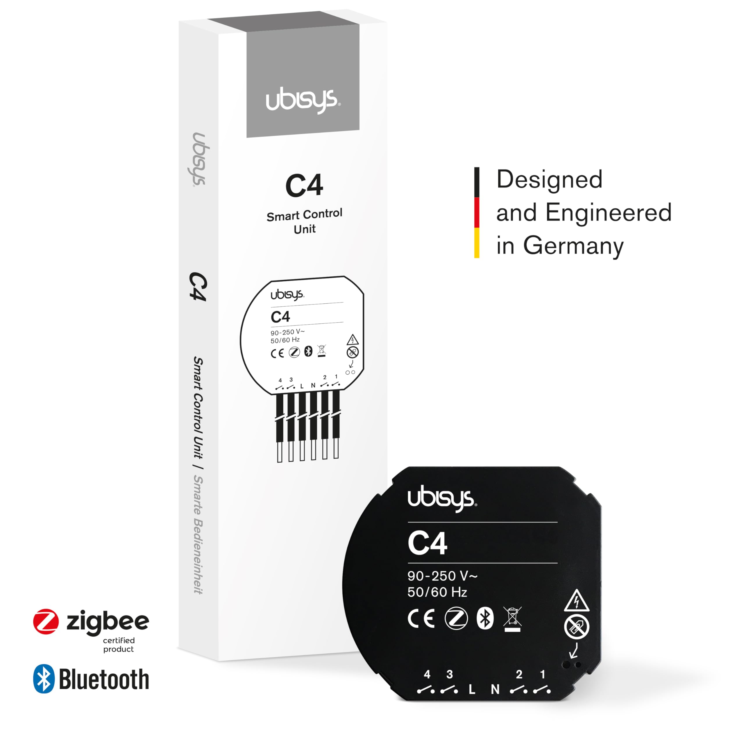 Unité de commande C4 (Series 2) : Zigbee + Bluetooth | Dispositif direct Zigbee | Configurable sans passerelle | Peut être connecté à d'autres composants ubisys pour contrôler par exemple les