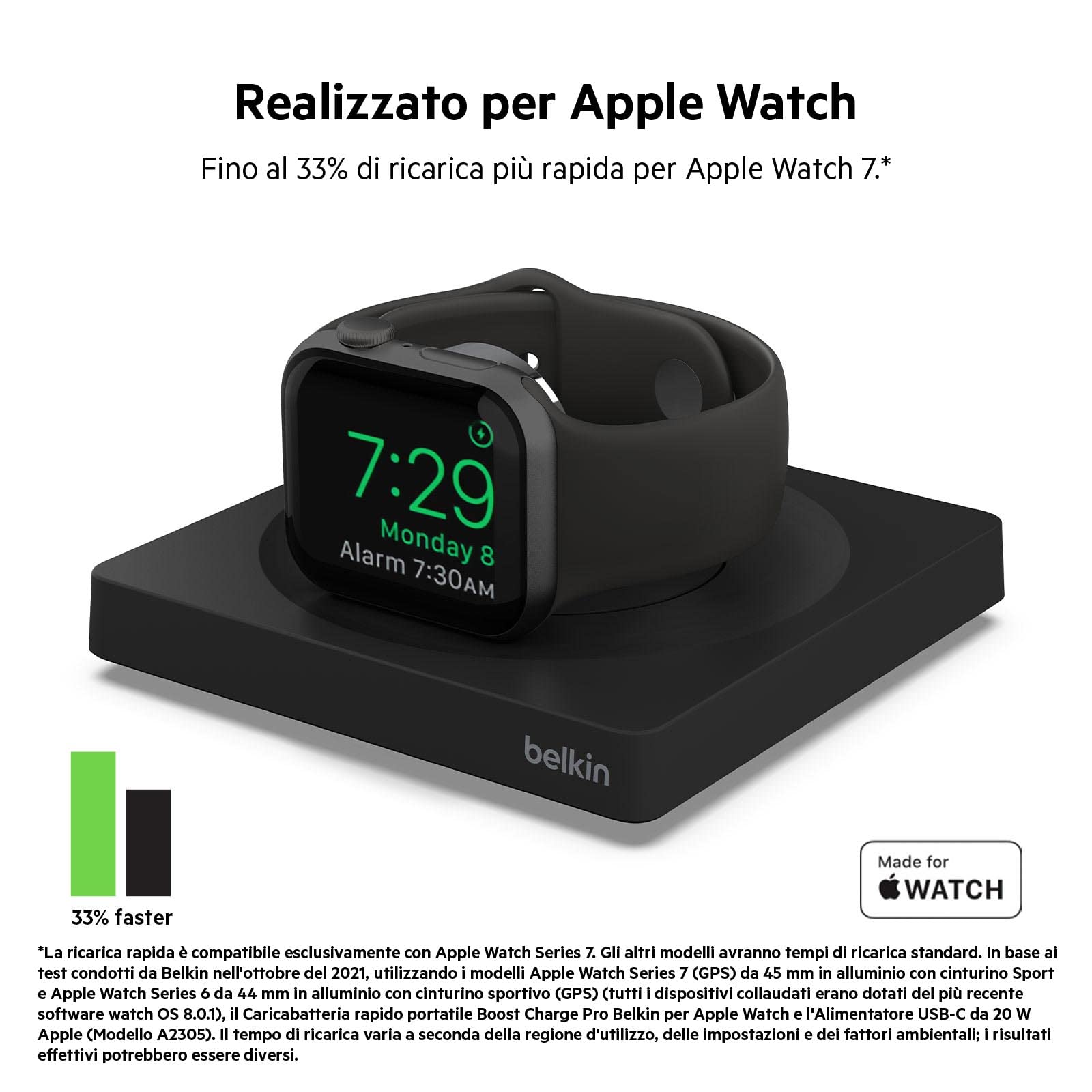 Belkin Caricabatteria per Apple Watch, Tappetino di ricarica wireless rapida da viaggio certificato MFi, modalità Notte, design minimalista, cavo USB-C incluso, Apple Watch Series 8, 7, 6, 5, Ultra
