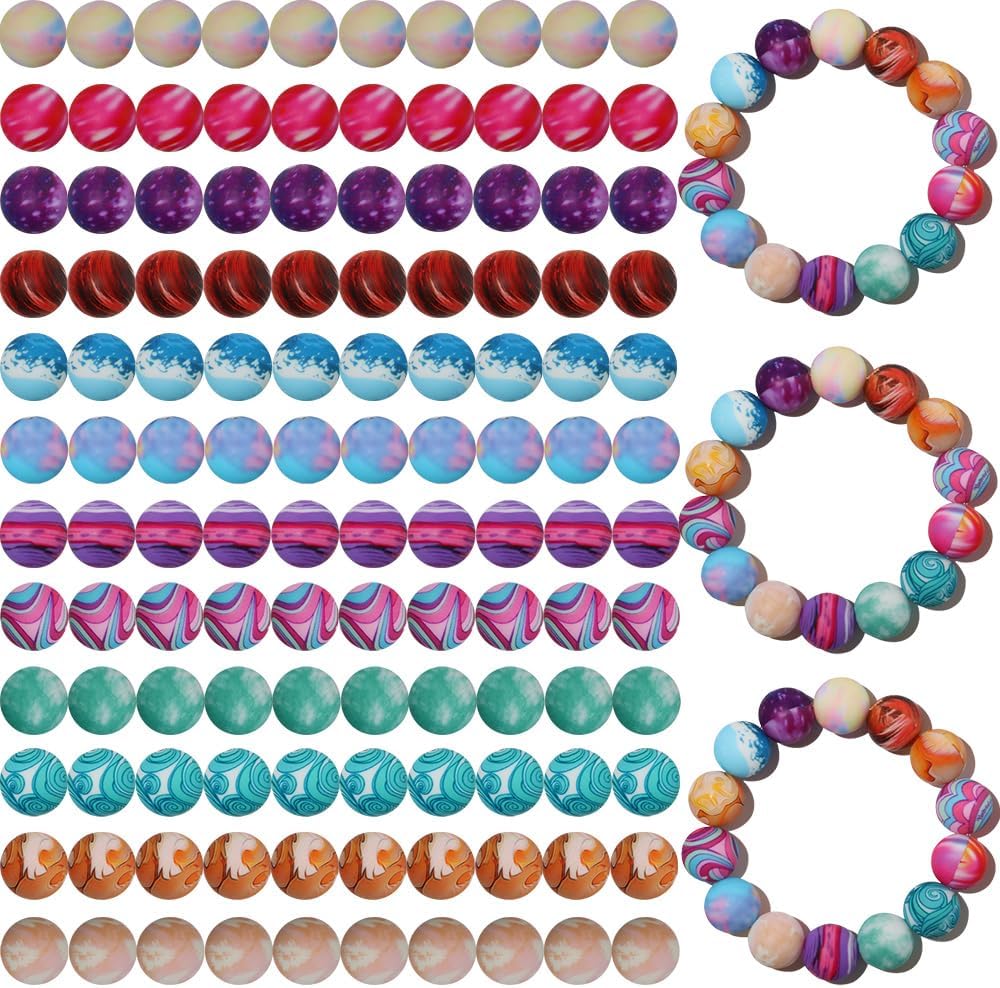 120pcs Richbunnys 15mm Bulk Silicone Beads for Pens and Keychain Making,Large Bead for Necklace and Bracelets Making,Assorted Rubber Beads Set（Print Graphics）