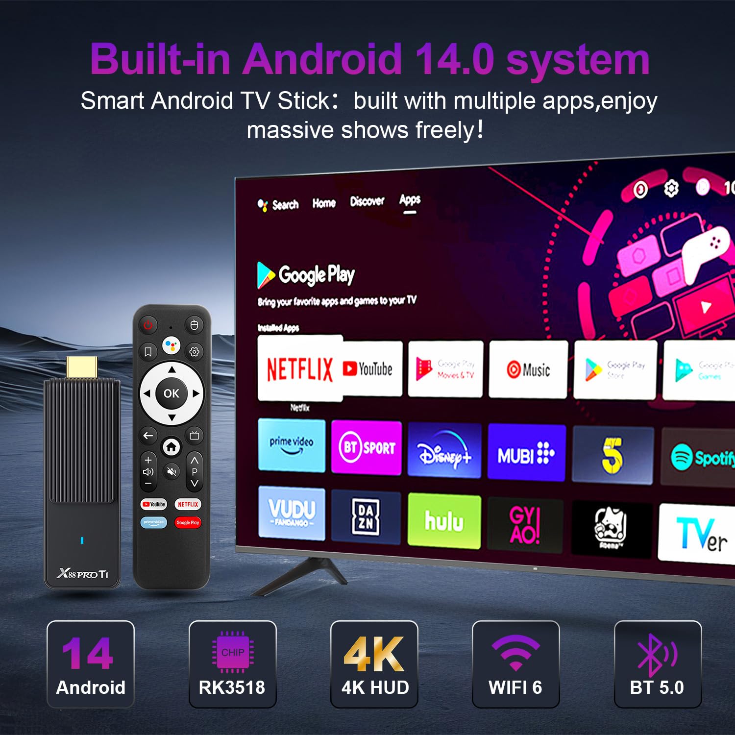 Android 14.0 TV Stick, TV Stick con 2GB 16GB RK3518 Quad-Core 64bit Cortex-A53 Chipset e GPU Mali 450 MP2, Supporta Dual-Band WiFi, Bluetooth 5.0, HDMI 2.0 e HD 4K