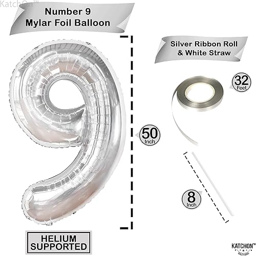 Miniatura 4 de KatchOn, Globo gigante plateado del número 9 de 50 pulgadas | Globo plateado del número 9 para cumpleaños | Globos de 9º cumpleaños para niños,