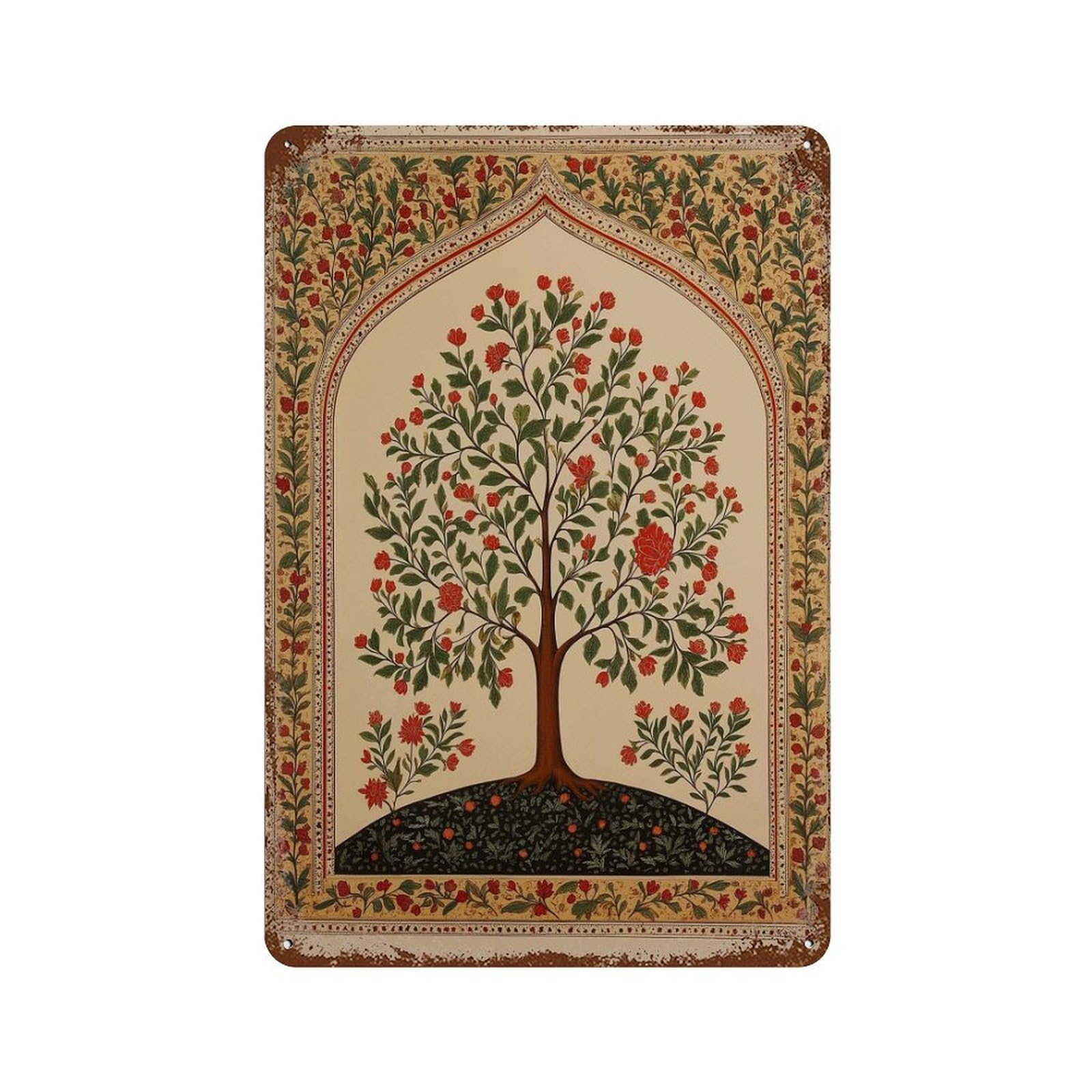 xiaoxiaoshen Indian Tree of Life Mughal Miniature Painting Traditional Folk Ethnic Wall Decor Art Metal Tin Poster Modern Home Decor Art Home Bar Shop Decorations Vintage Sign 30x20cm