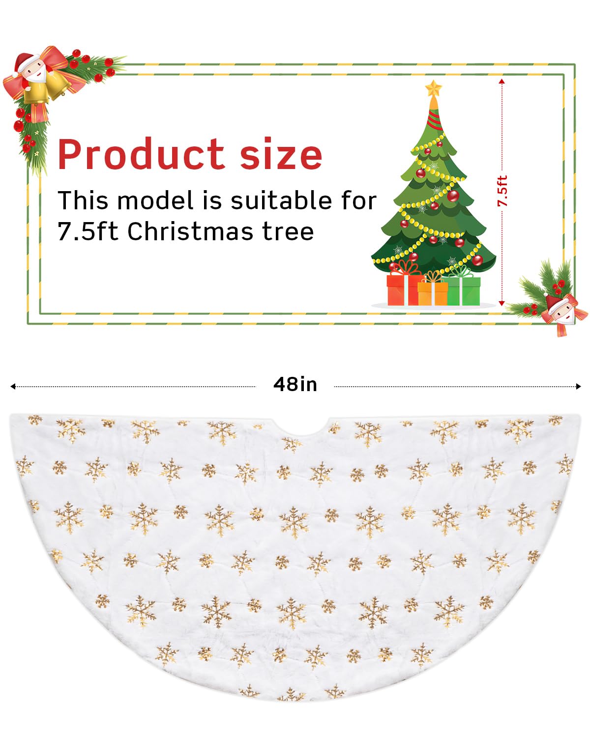 COOLWUFAN 48in 120cm Jupe de Sapin de Noël Blanc Doré Sequin Flocon de Neige