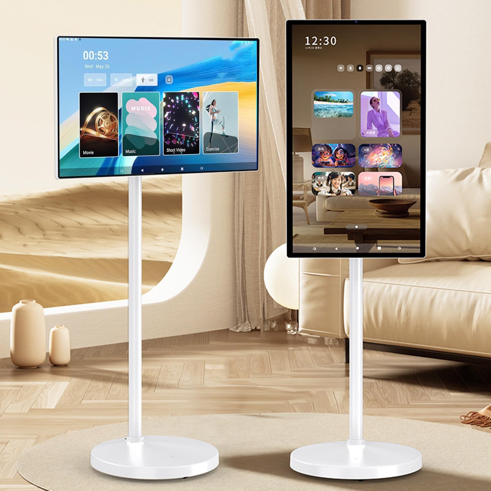 TV Portátil con Ruedas 21.5"/24"/27"/32", Smart TV con Batería, Monitor Táctil Inteligente, Android 13, 4/8 GB + 64/128 GB, Rolling TV para Fitness y Cocina 24in-4+64GB