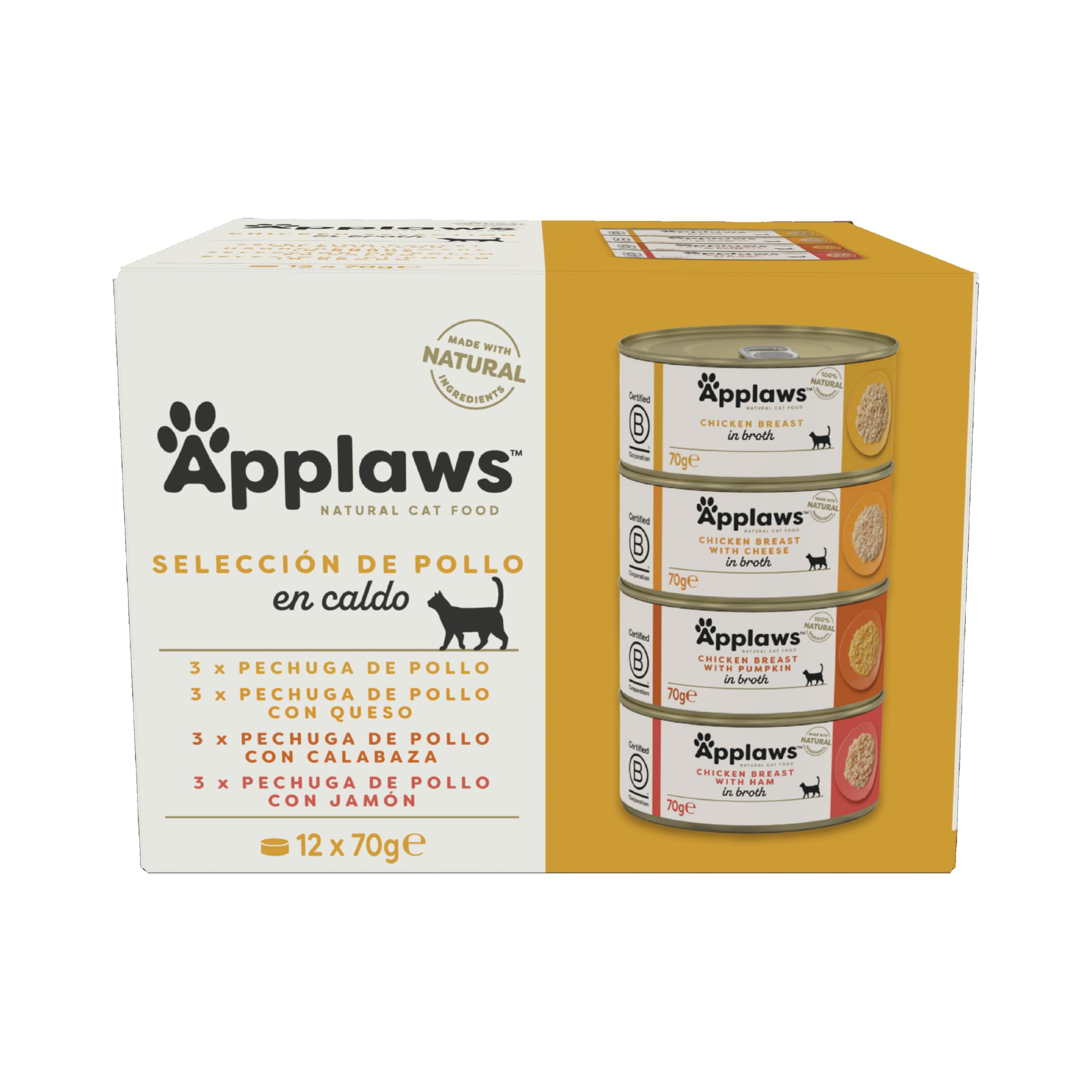 Applaws 100% Natural Comida Húmeda para Gatos Adultos Selección de Pollo en Caldo - Paquete de 12 latas de 70g