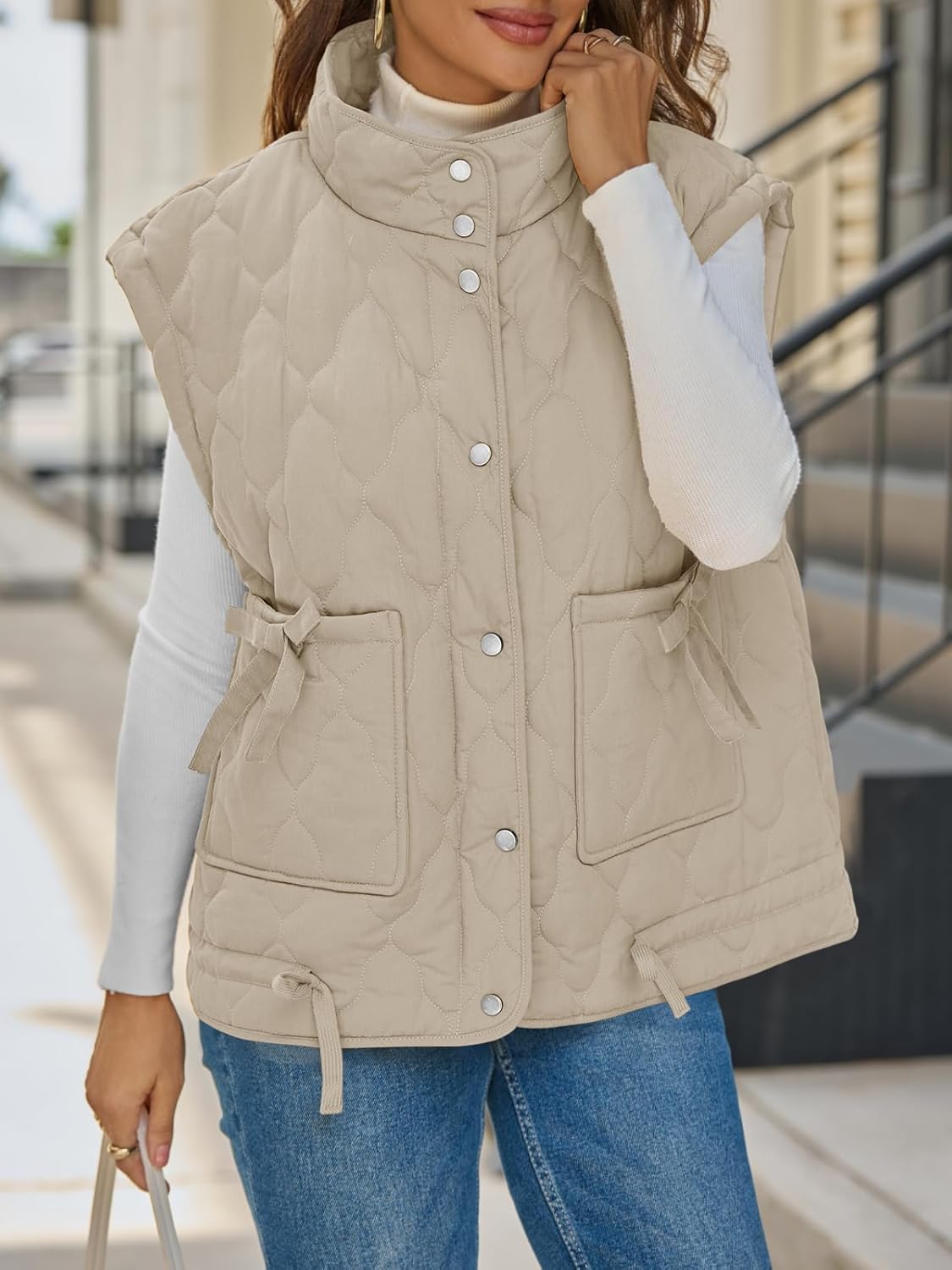 Cicy Bell Womens Puffer Quilted Vest Lightweight Stand Collar Cap Sleeve Jackets Button Down Padded Gilet Winter Outerwear - Image 4