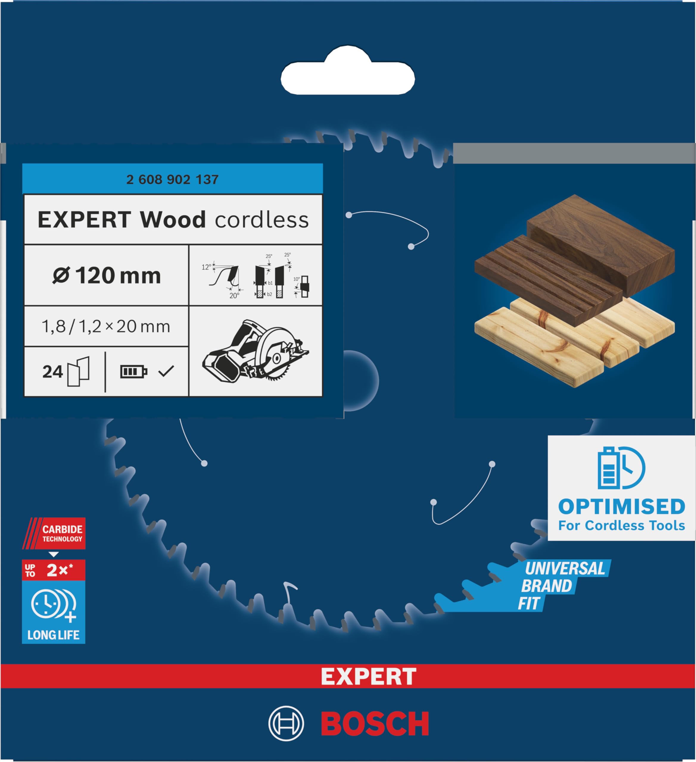 Bosch 1x Lama per sega circolare EXPERT Wood cordless per sega circolare portatile (per Legno tenero, Legno duro, Ø mm, Professional Accessorio Seghe circolari a batteria portatili)