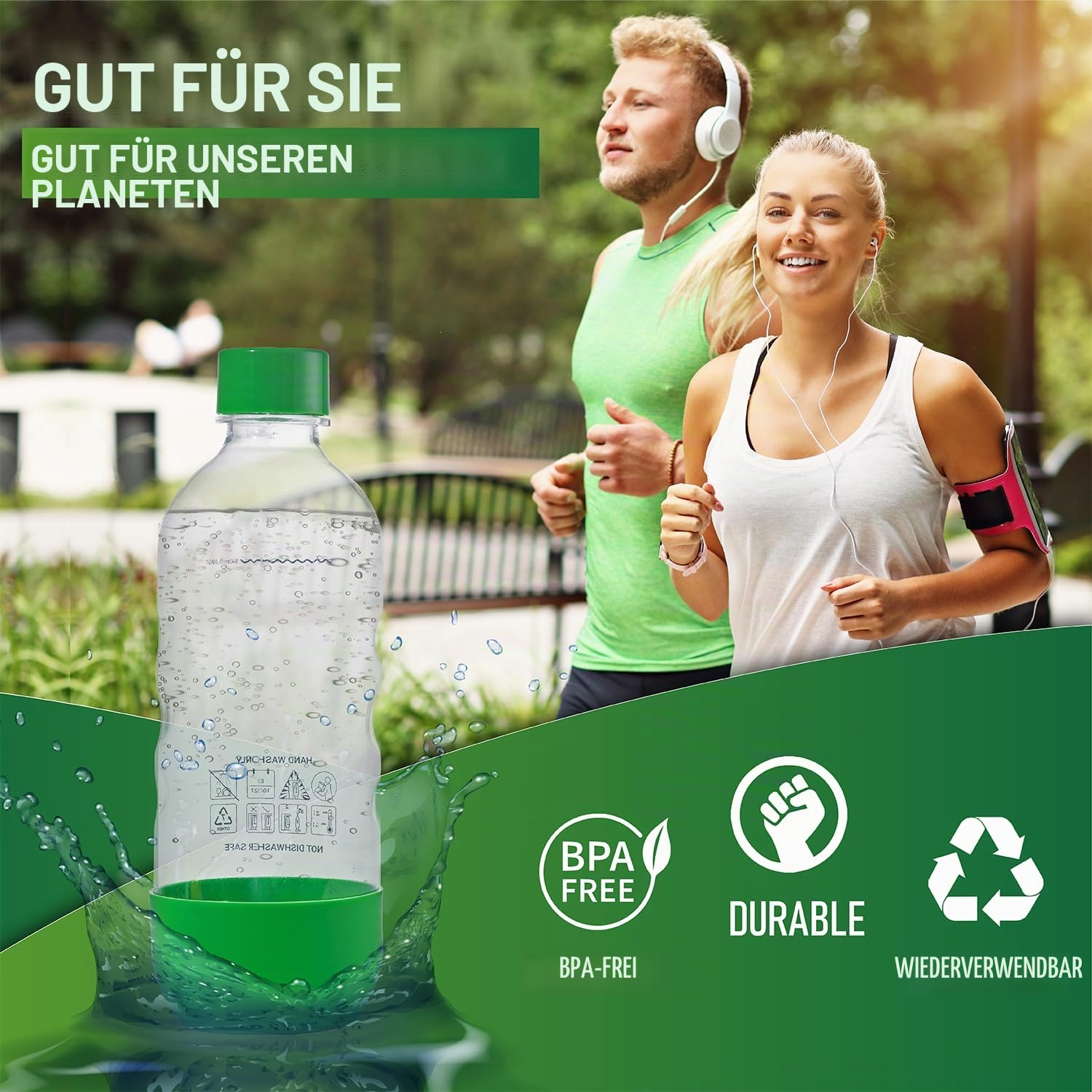 Ersatz-Sprudelwasserflaschen für SodaStream, 1 Liter, BPA-frei und auslaufsicher (kompatibel mit Fizzi, One Touch, Jet, Source, Play, Genesis, Power-Modellen), 3 Stück (grün)