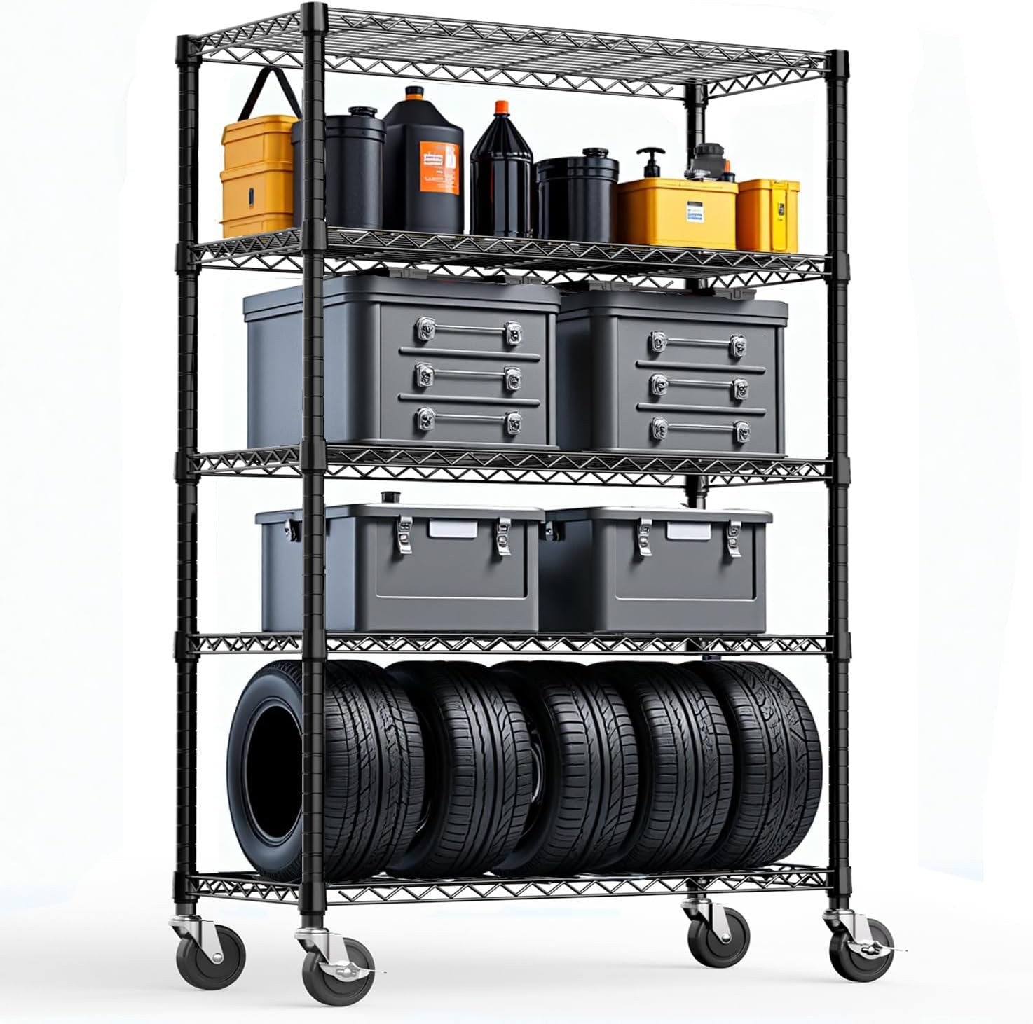 5-Tier 2200LBS Storage Shelves,Adjustable Wire Shelving for Pantry Organizers and Storage Heavy Duty Garage Shelving for Kitchen, Basement,Warehouse(Black,17.7Dx 47.2" W x 76.7" H)