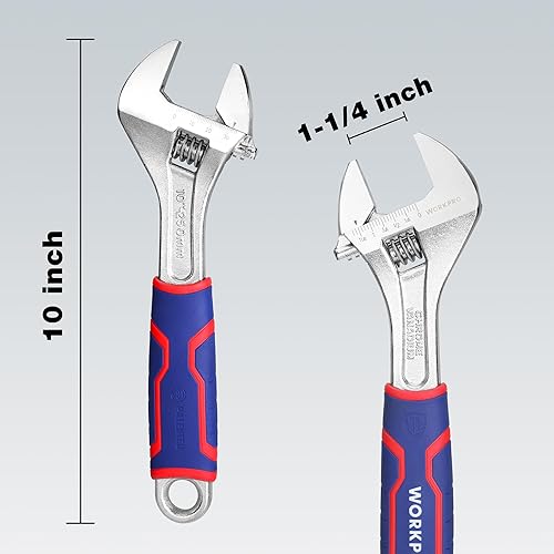 Miniatura 2 de WORKPRO Llave ajustable de 10 pulgadas, llave de apertura de mandíbula ancha con agarre antideslizante de goma, escalas métricasSAE, acero Cr-V