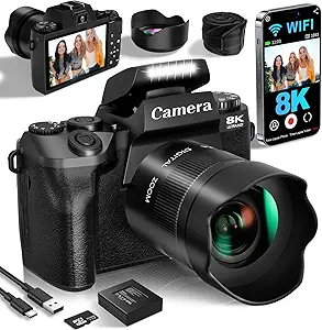 8K Digital Cameras for Photography, 64MP Vlogging Camera for YouTube with 4" Touch Screen, Dual Front/Rear Cameras with LED Fill Light, 3000MAh Battery, Lens Hood, Hot Shoe & 32GB TF Card
