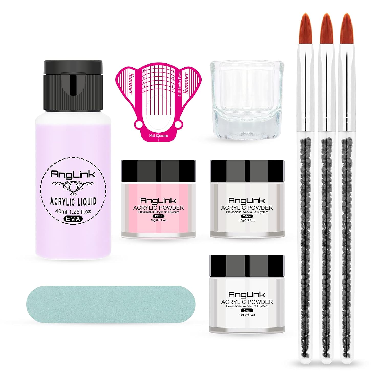 AngLink 10 in 1 Acrylic Nail Kit Acrylic Powder and Professional Liquid Monomer Set with Acrylic Nail Brush Nail Forms Tips for Acrylic Nails Extension Starter Kit