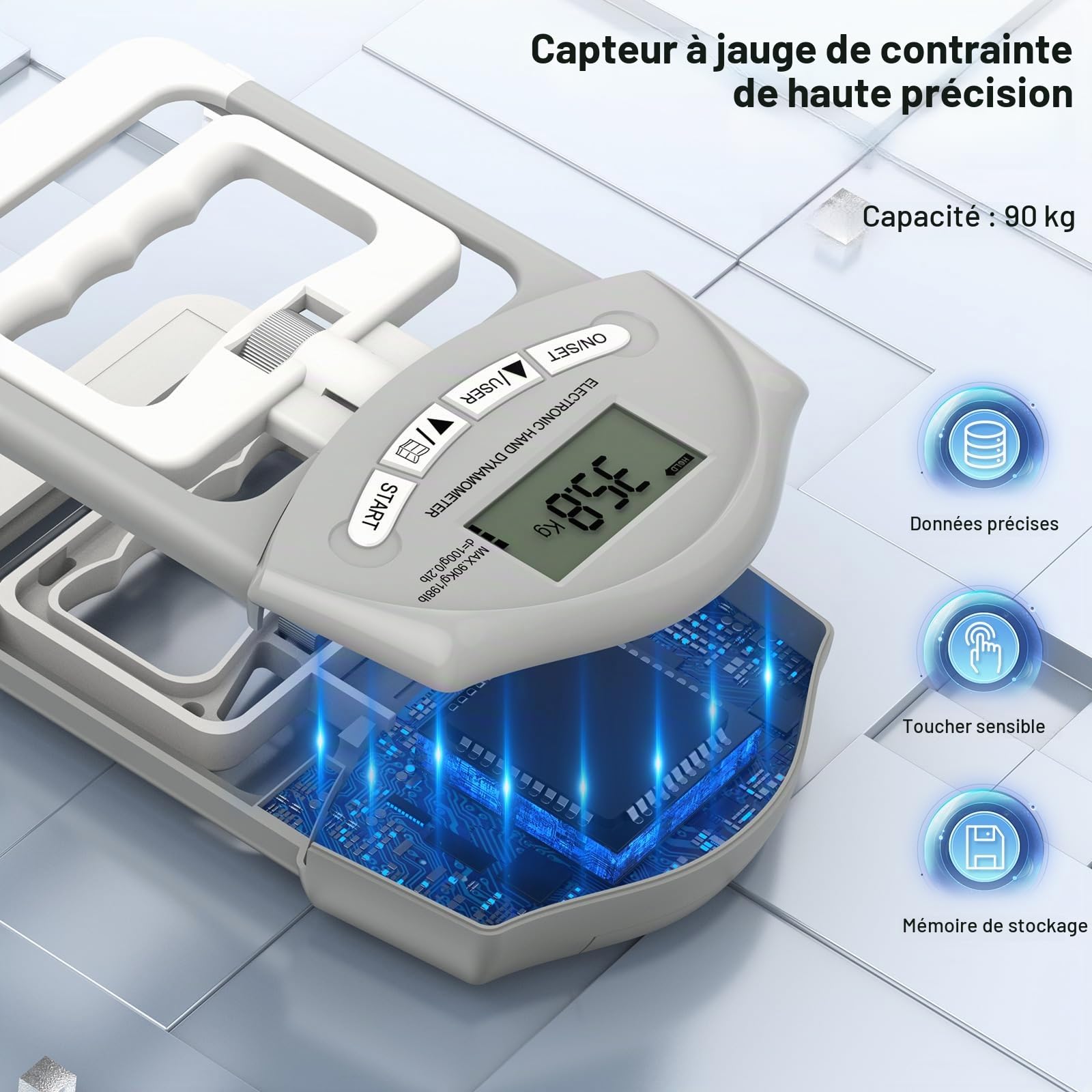 Dynamomètre à main électronique 90 kg / 200 lbs Capacité de préhension avec 19 jeux de disques individuels