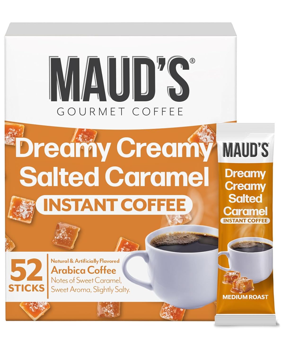 Maud's Salted Caramel Flavored Instant Coffee, 52 ct, 100% Arabica Coffee, Medium Roast, Instant Hot or Iced Coffee - Just add water