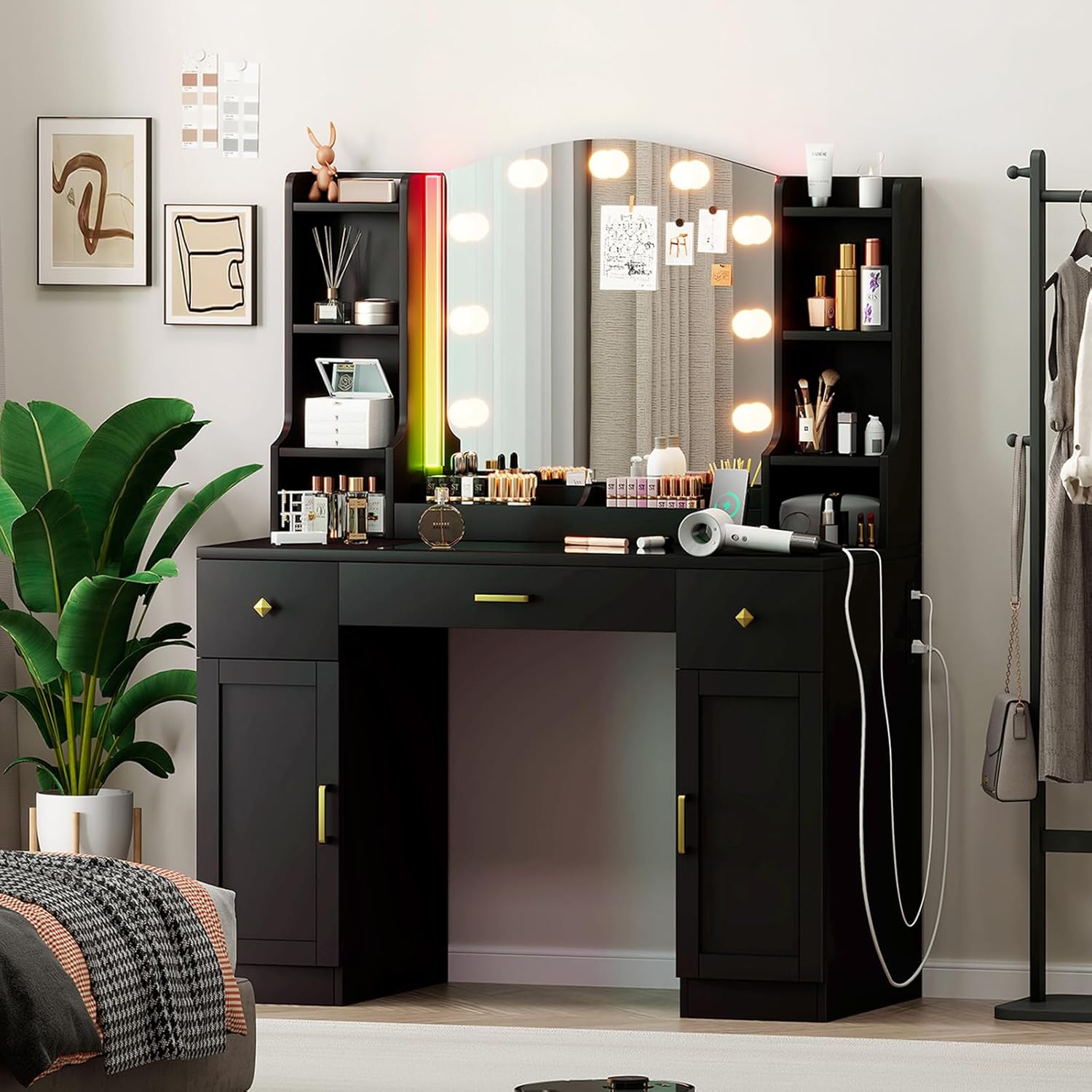 Large Makeup Vanity Desk with Mirror and Lights, Black