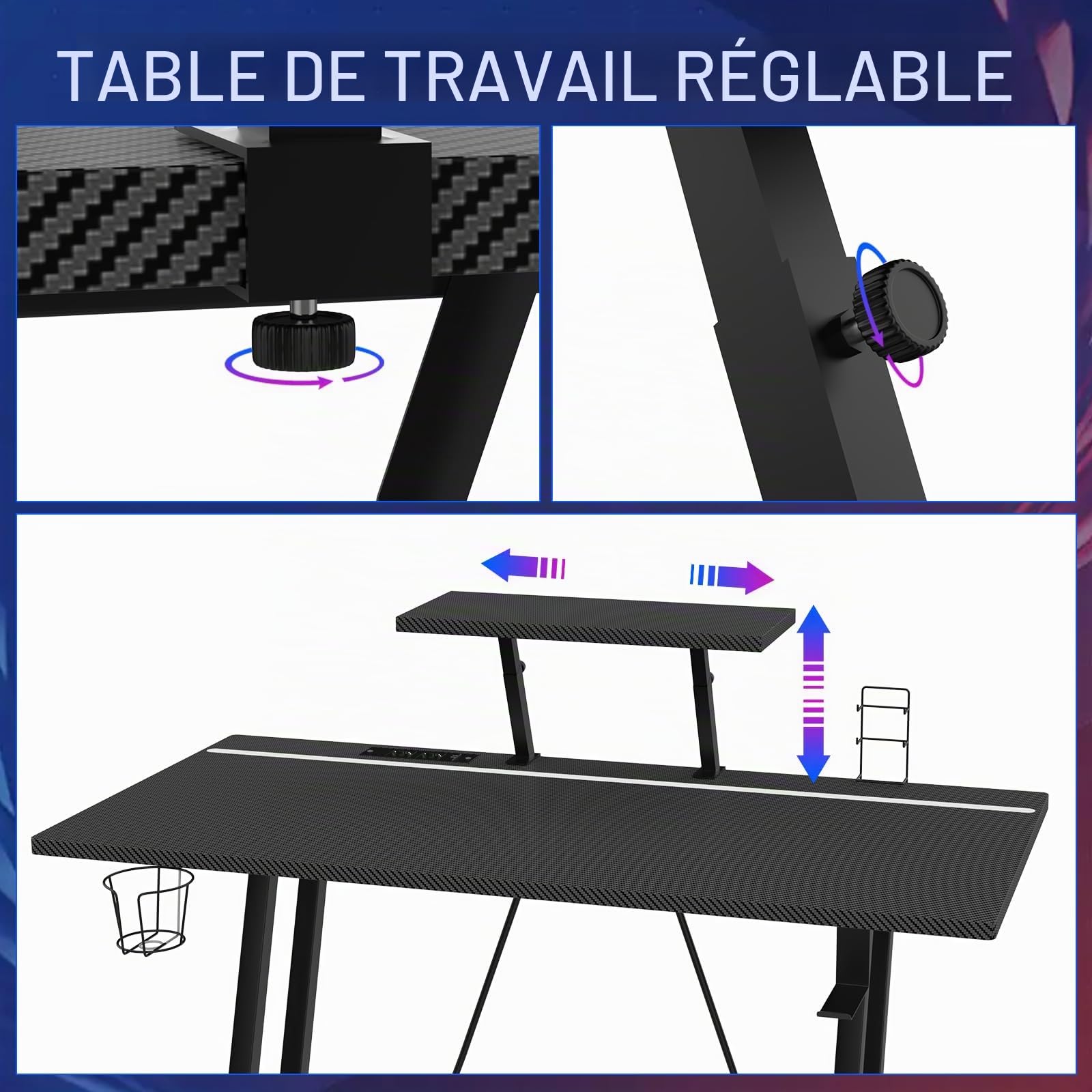Bureau Gaming LED, Table Gaming avec Prise Electrique, 2 Prises CA, 2 Ports USB, Table Gamer Ergonomique, avec Support de Moniteur