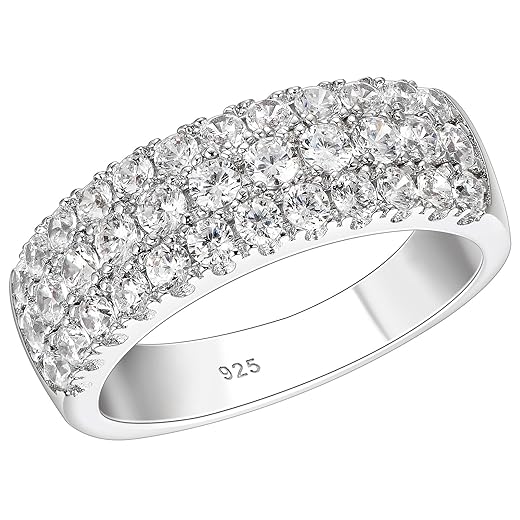 SHELOVES Three Row Eternity Ring for Women Round Cut CZ Sterling Silver Wedding Bands Rings for Her Size 5-12