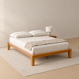 Doppelbett 140 × 200 cm, Hauptrahmen aus massivem Gummibaumholz mit Sperrholzlatten, japanisch inspirierte Steckverbindungen, Aufbau ohne Schraubendreher, 23 cm Bodenfreiheit, Natur