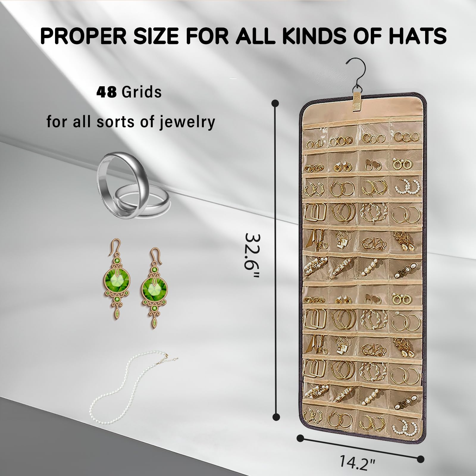 Organizador de Joyas Colgante de Doble Cara con Ganchos de Metal,Almacenamiento a Prueba de Polvo para Pendientes,Collares y Anillos–Joyero Colgante para Armario,Pared o Puerta (Negro,1 Pieza)