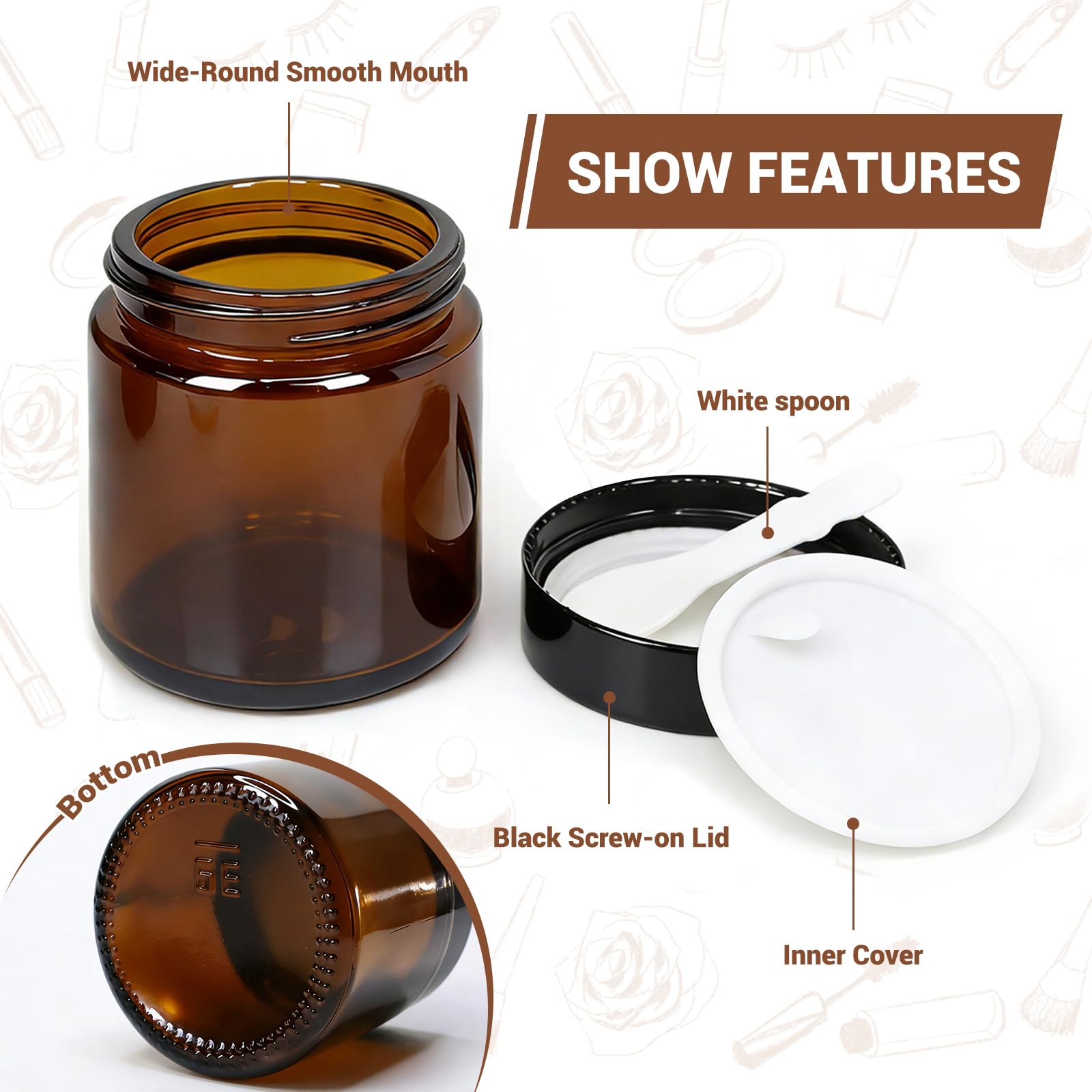 8 Pezzi Barattoli in Vetro Ambrato con Coperchio 100ml/100g, Contenitori per Lozioni Cosmetiche con Coperchio Interno a Tenuta Stagna, Bocca Larga e Liscia, Barattoli per Creme Richiudibili