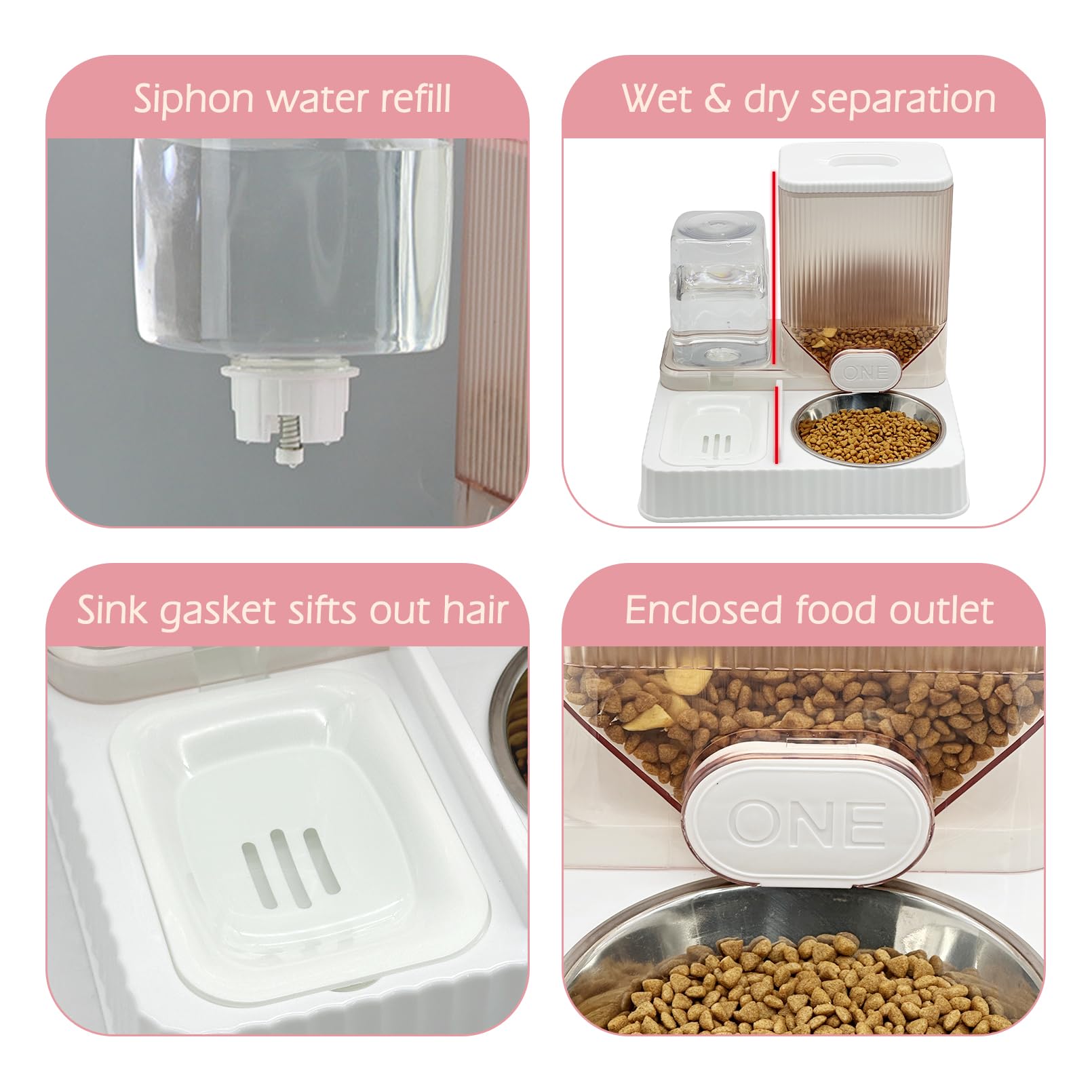 Fhiny Gravity Cat Feeder and Water Dispenser, 2 in 1 Automatic Pet Waterer Detachable Stainless Steel Food Bowls Set Pet Food Storage for Small Dog Puppy Cat Kitten Pet Easy Clean (Grey)