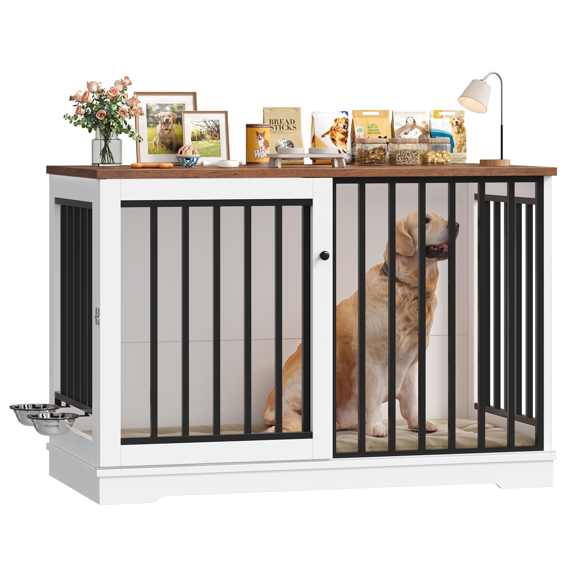 FirFurd 120cm Jaula para Perros,Mesa Auxiliar con Puerta corredera, Jaula Perro Grande para Casa de Madera,para Animales Acero para Perros Medianos y Grandes 120 x 90 x 60 cm (Blanco+Marrón)