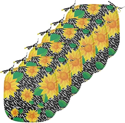Lunarable Juego de 6 cojines florales para asiento de silla, vista de girasoles sobre un fondo de rayas monocromáticas, almohadillas de asiento para