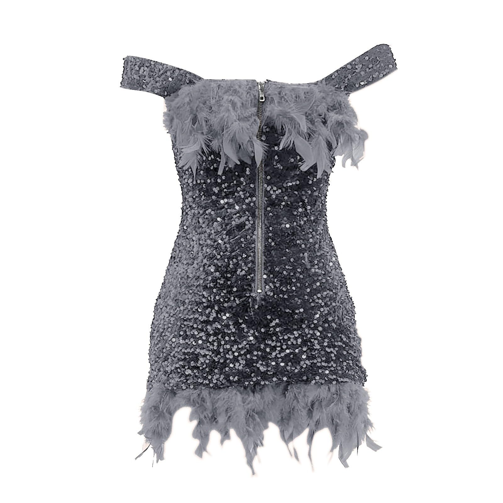 Abito da donna con paillettes e piume, doppia spalla, corto, aderente, per carnevale, abito formale, scuro