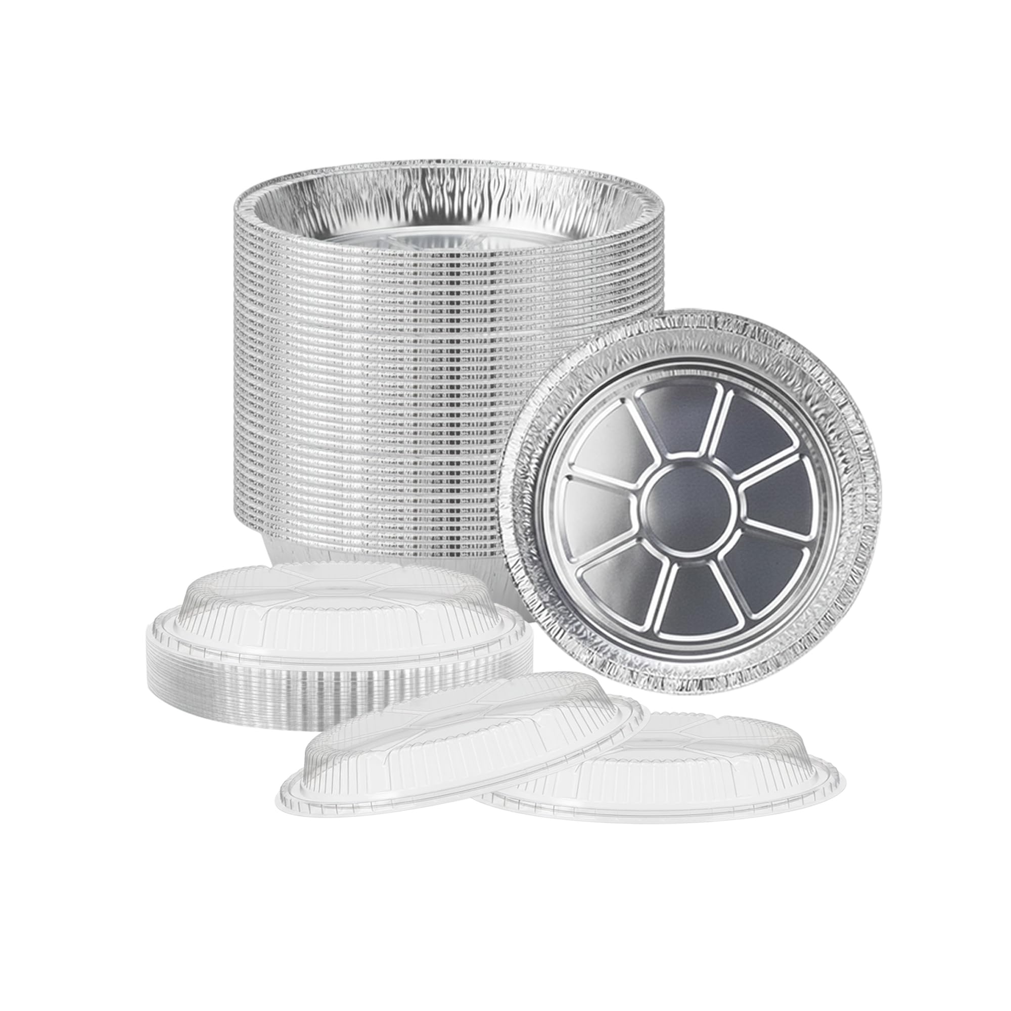 JMS we create smile - 50 Pack 7 Inch Round Foil Pan Trays with Lids 700 ml Aluminium Pie Pans, Containers Disposable Tin for Baking, Meal Prep, Takeaway, Oven & Freezer Safe