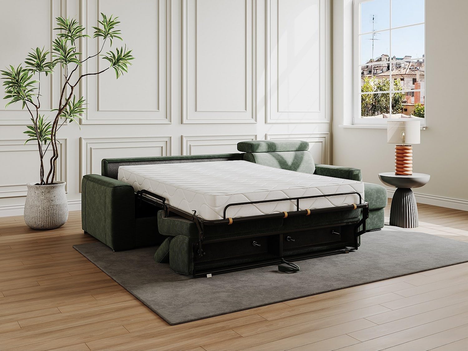 Vente-unique - Ecksofa, wendbar, ausklappbar, Express, aus grünem Cordsamt, Liegefläche mit breiten Latten 160 cm – Matratze 22 cm Memory-Schaum