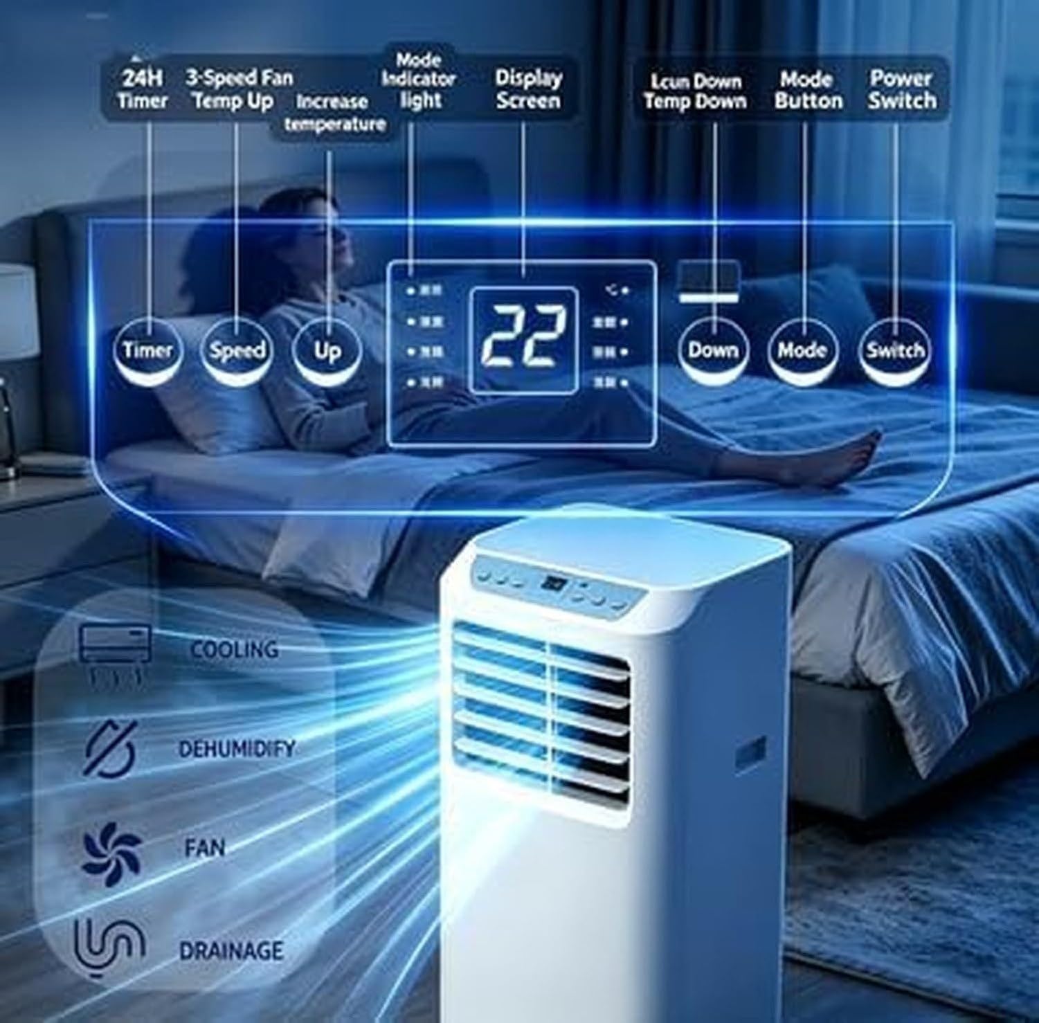 Condizionatore d'Aria Portatile 3-in-1 12000 BTU con deumidificatore, Ventola e Timer 24h Telecomando per Campeggio Ufficio casa Classe A ener, 18000btu