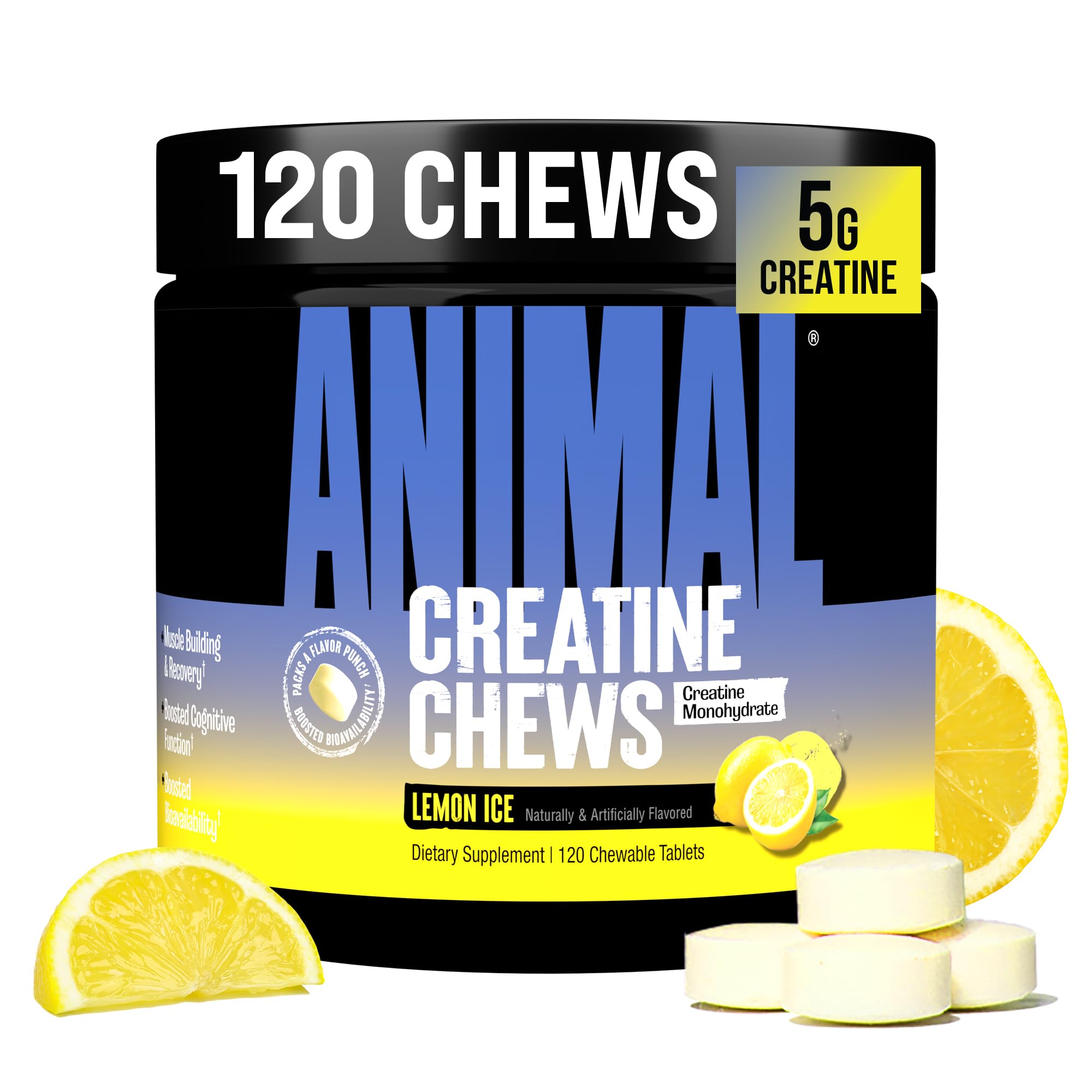 Creatine Performance Chew Tabs Lemon Ice - Chewable Tablets with 5 g Creatine Monohydrate per Serving & Sea Salt for Enhanced Effectiveness - 120 Tablets