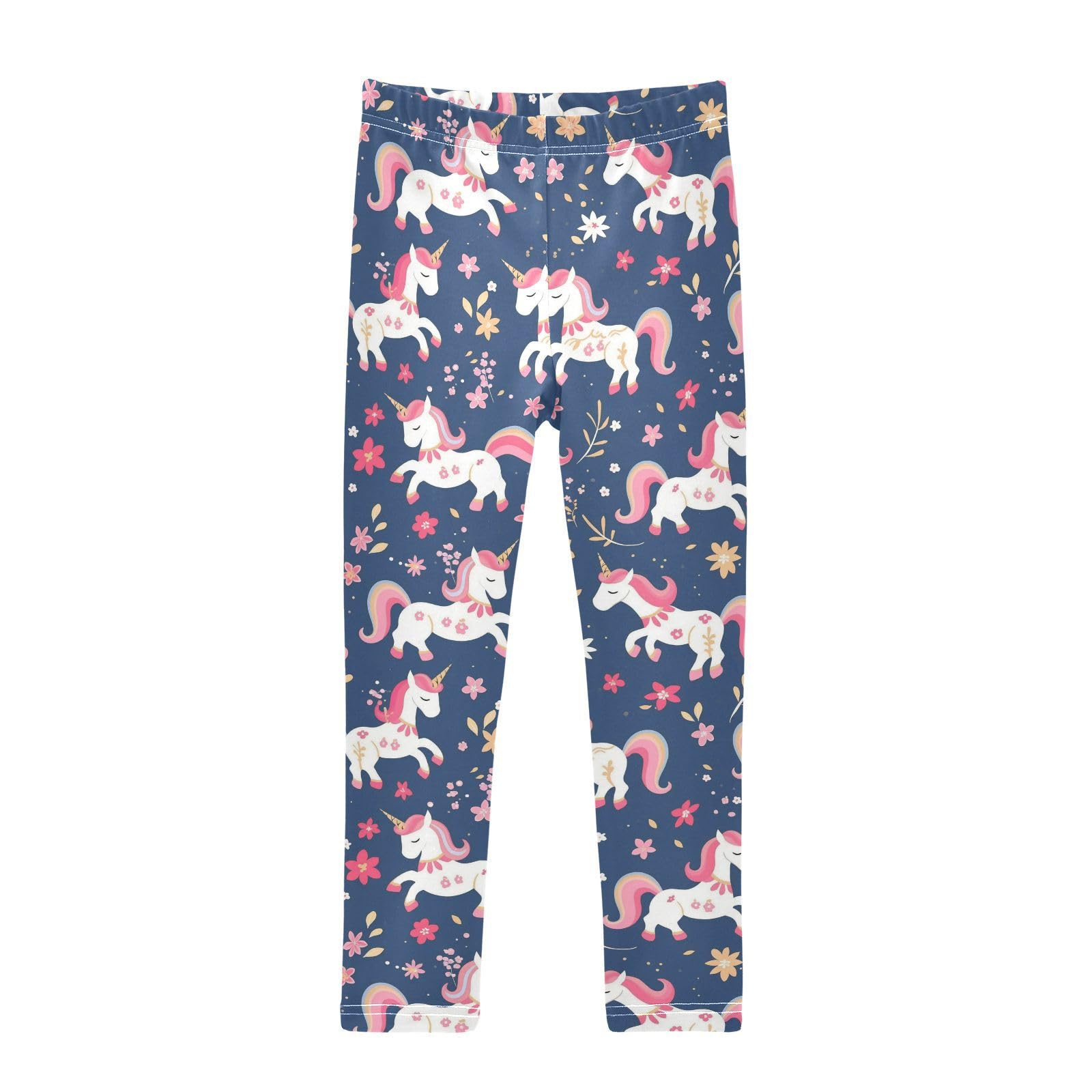 Cute Unicorn Blue Girls' Leggings Toddler Doodles Pink Gold Accents Kids Yoga Pants Dance Active Tights 7-8T