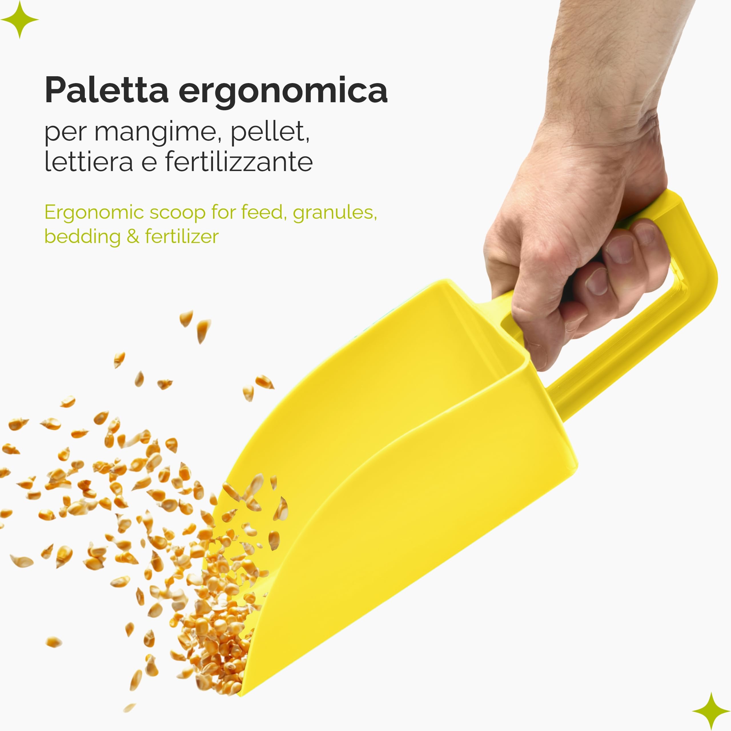 Garronda Sessola in plastica robusta 1 kg per mangimi animali, cereali, semi – Misurino largo da alimentazione animali, paletta dosatrice ideale nei sacchi GD-0153 (Giallo)