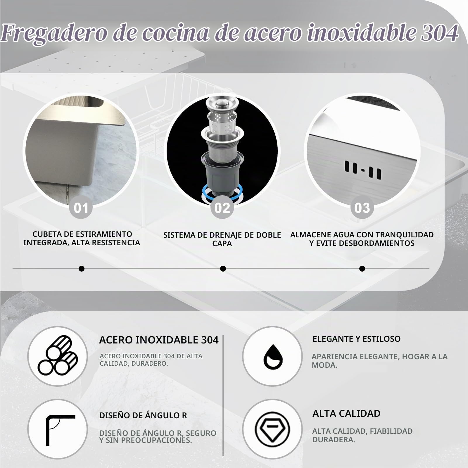 Fregadero Cocina 55 x 45 cm, 1 Seno Fregadero Acero Inoxidable Cepillado, Fregadero con 2 Orificios para Grifo, Bajo Encimera o Sobre Encimera, con Desagüe de sifón y juego de rebosadero