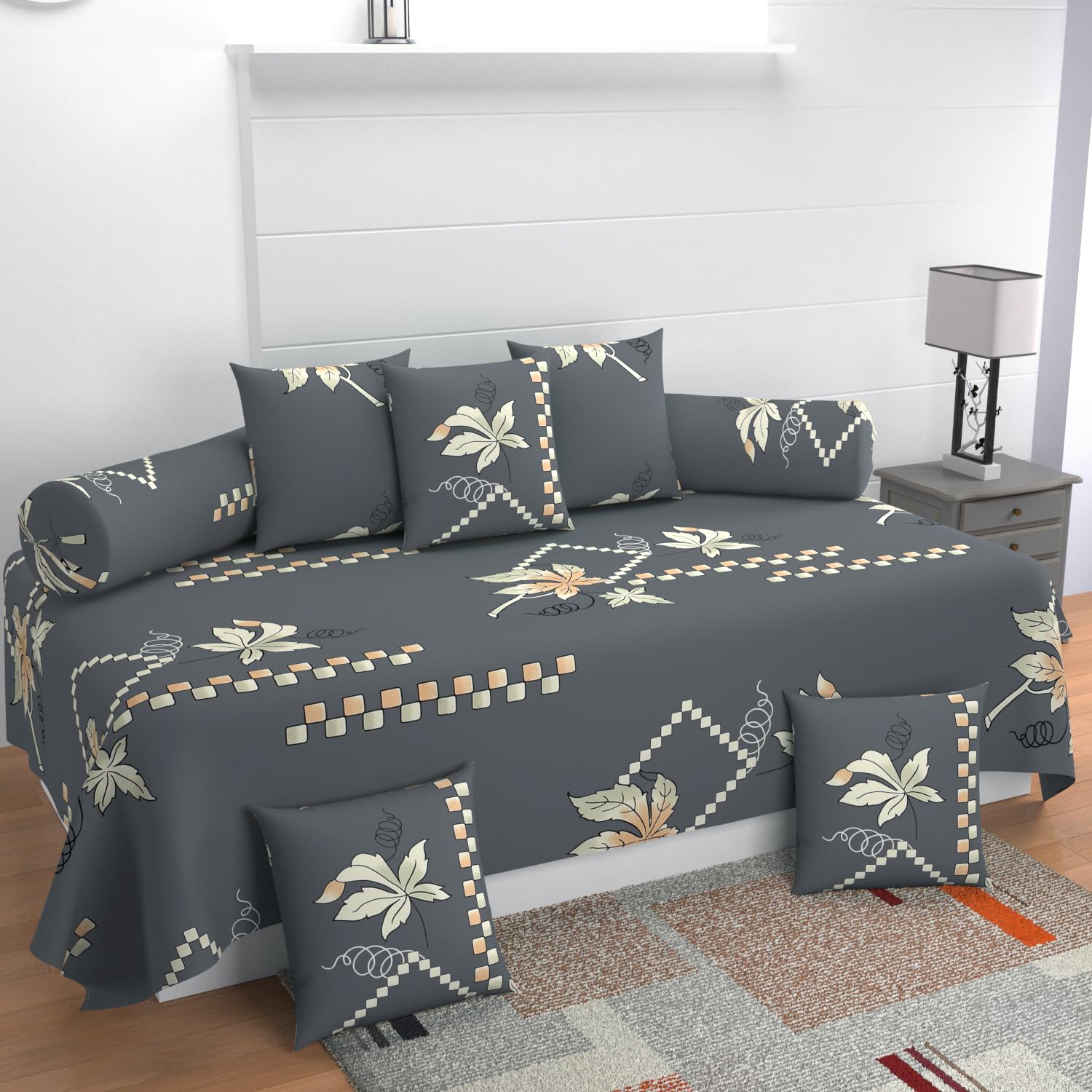 180 TC Diwan Set 8 Pcs | Pure Cotton | Designer Printed Diwan Set (1 Single Bedsheet, 2 Bolster Covers & 5 Cushion Covers) (Navy Blue)-image-11