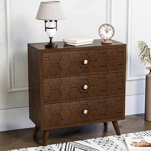 Miniatura 3 de HOMPUS Mesa auxiliar moderna con patrón de panal de abeja, mesita de noche con 3 cajones de almacenamiento, mesita de noche con acabado de grano de