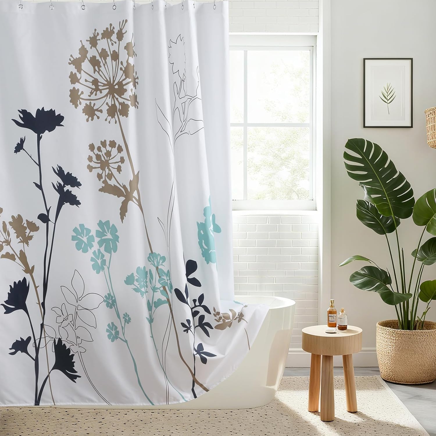 Floral Fabric Shower Curtain,Blue and White Curtains Printed Black and Brown Plants Farmhouse Decorative for Bathroom,72" W x 72" H