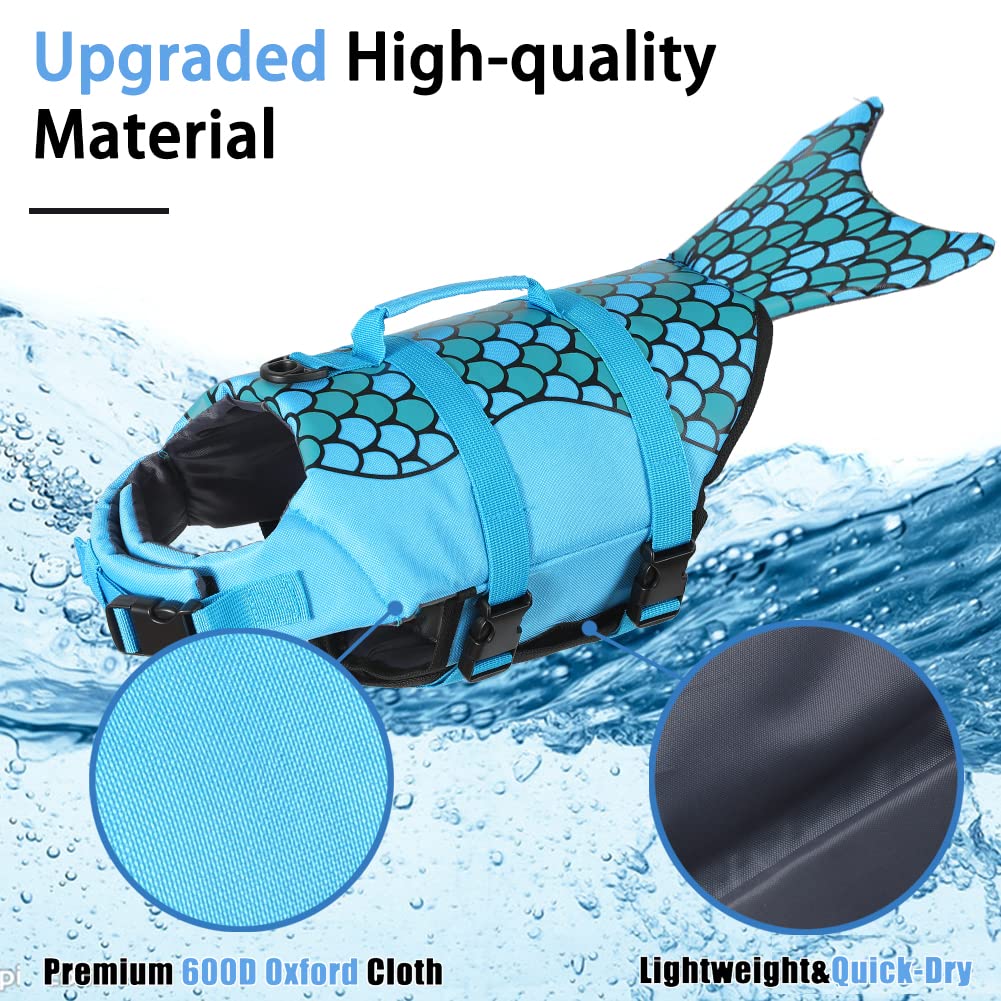 EMUST, Giubbotto di salvataggio per cani grande, motivo sirena, regolabile, con maniglia di salvataggio, per nuotare e stare a galla, per cani di taglia piccola, media e grande, blu, XL