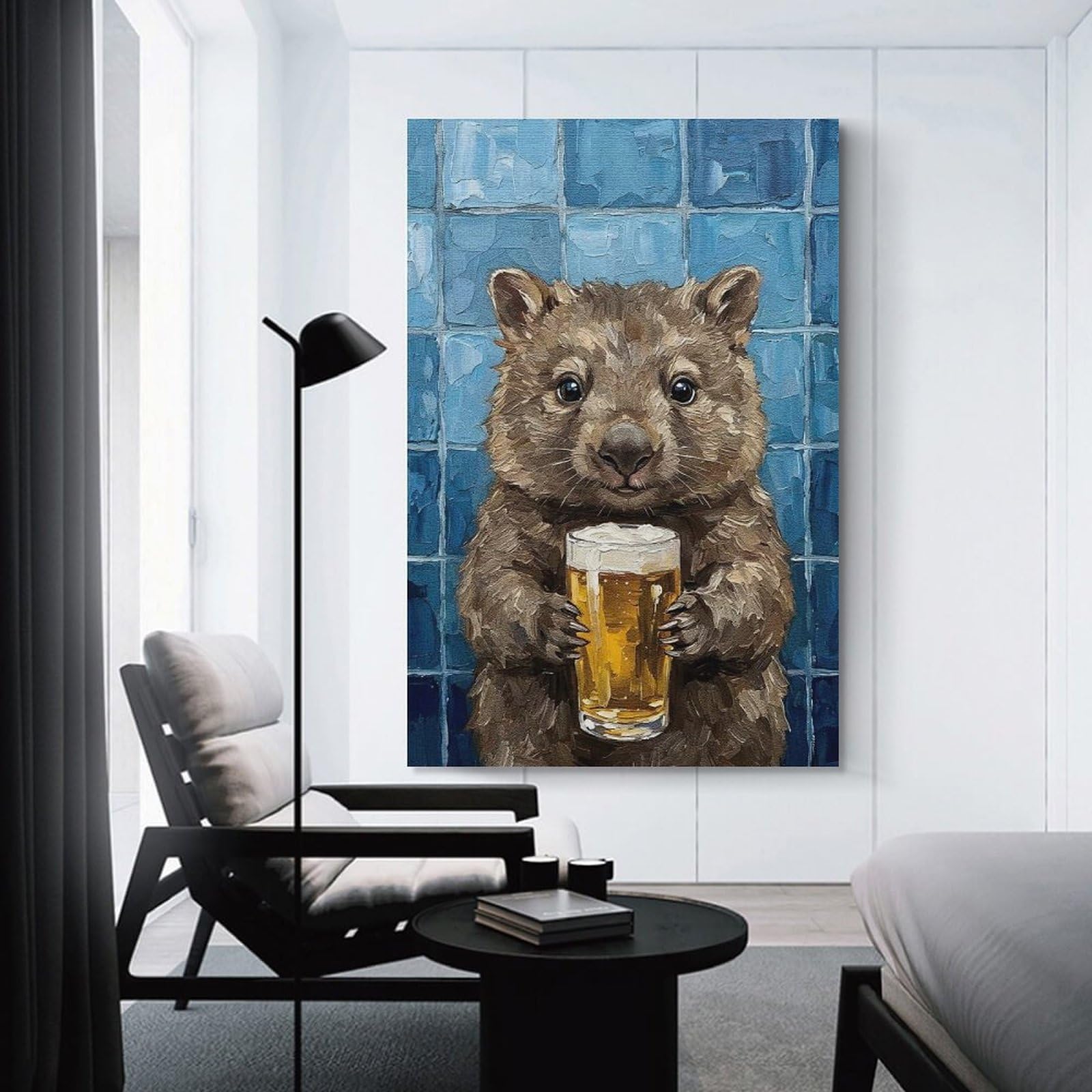 Junmoney Canvas Wall Art Wombat with Beer Painting, 08x12inch(20x30cm), for New Homes, Bedrooms Or Workspaces, Canvas Artwork with Gifting Potential