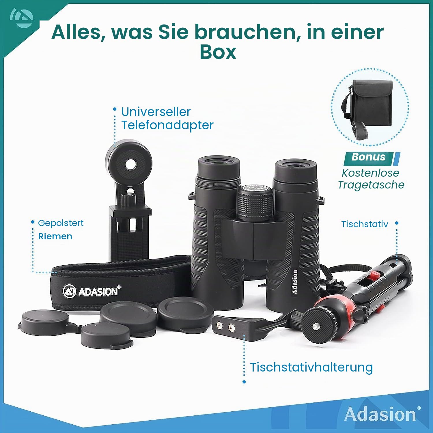 Adasion Fernglas für Erwachsene, Fernglas Klein Wasserdicht 12 x 42 mit Handy Adapter und Stativ, Superhelle Leichte Ferngläser für Vogelbeobachtung Jagd Sport Wandern Kreuzfahrt Reisen Konzert