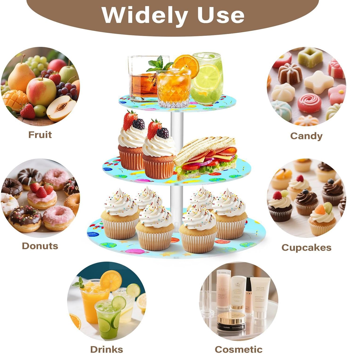 Spaceship Planet Star 3 Tier Acrylic Cupcake Stand, Cupcake Stand for 34 Cupcakes for Weddings, Christmas,Holidays,Parties,Birthday,Printed Cupcake Tower 23300236