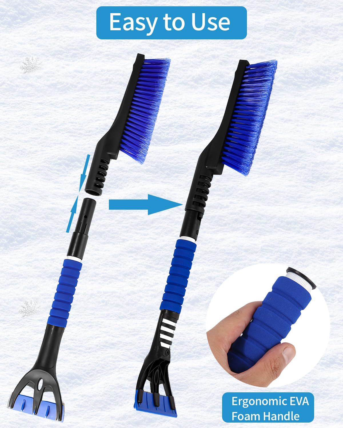 Rascador de hielo para coche con escoba, cepillo de nieve para automóvil, rascador de hielo duradero con mango de espuma ergonómico 2 en 1, cepillo de nieve desmontable para coche, camión y SUV