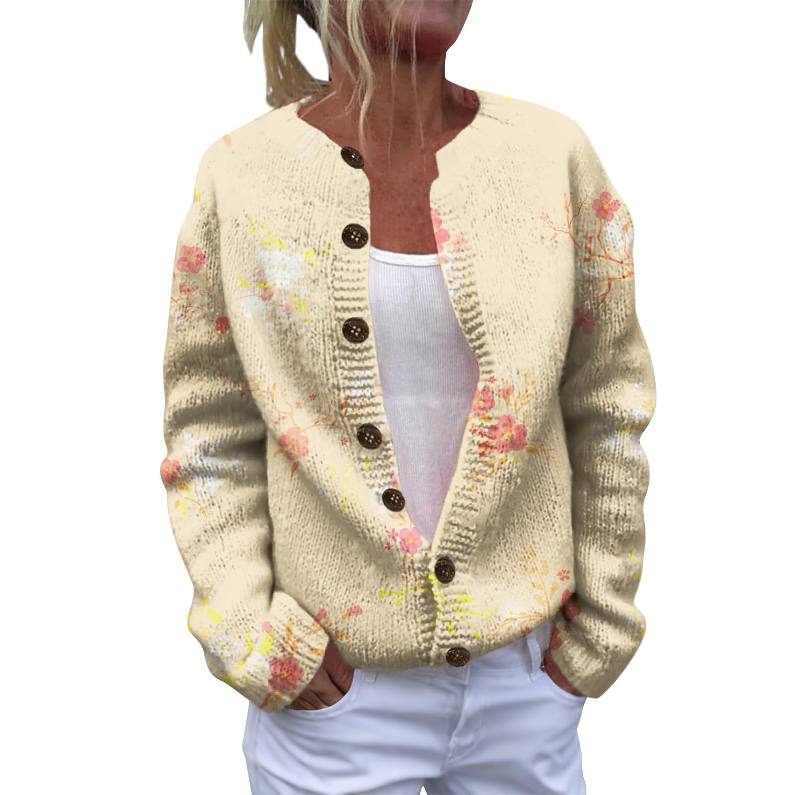 Womens Cardigan Sweater Autumn Winter Floral Print Button-Up Loose Fit Outerwear Long Sleeve Lightweight Knit Top