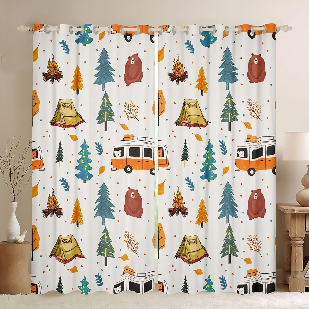 Feelyou Camping Curtains Happy Camping Blackout Darkening Drapes Camper Accessories for Travel Trailers Window Treatments, 2 Panels 38 x 45 Inch Cartoon Room Decor Farmhouse Trailers Camper